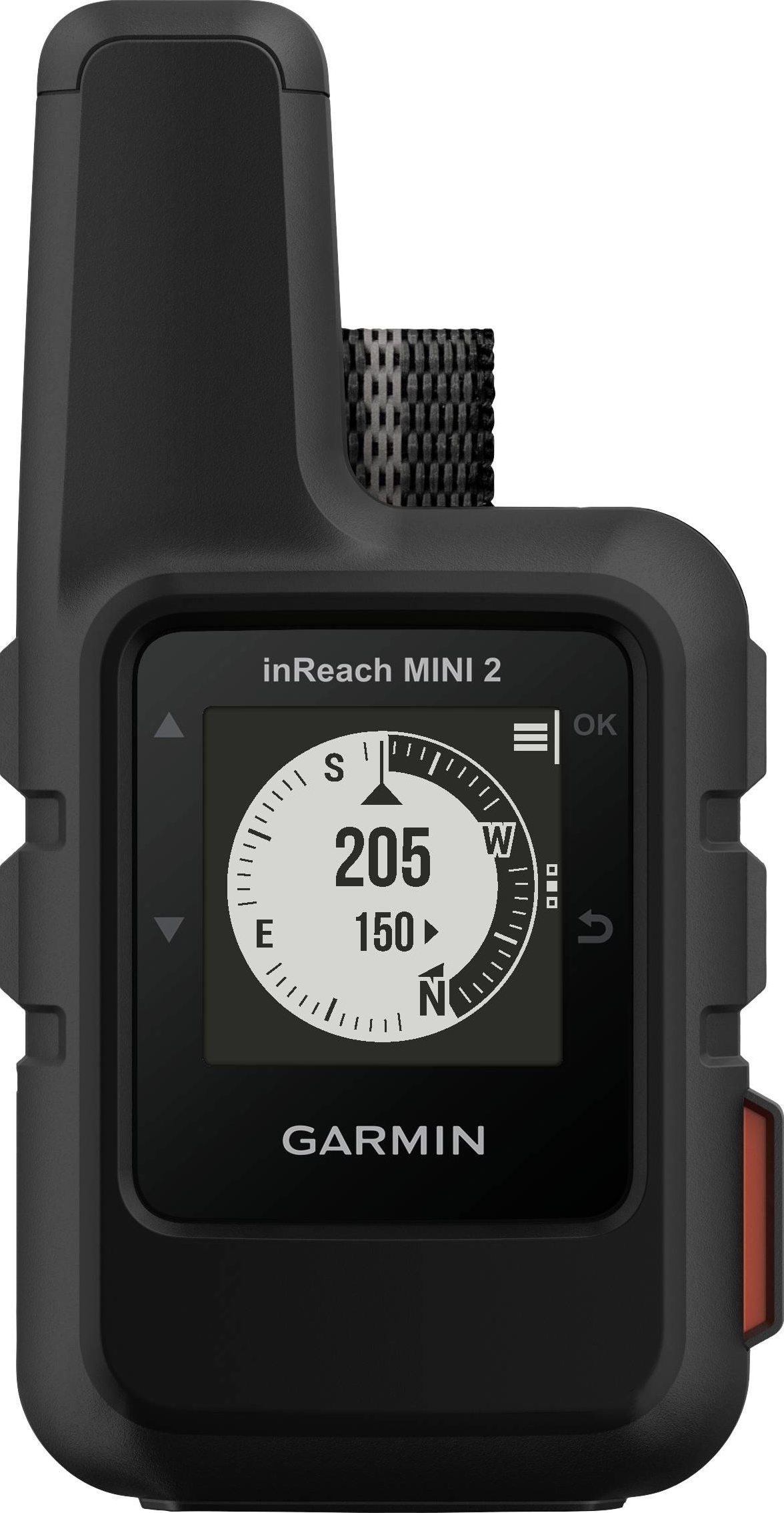 Schwarzes Garmin inReach Mini 2 Gerät. Ein Kompass wird auf dem Bildschirm angezeigt.