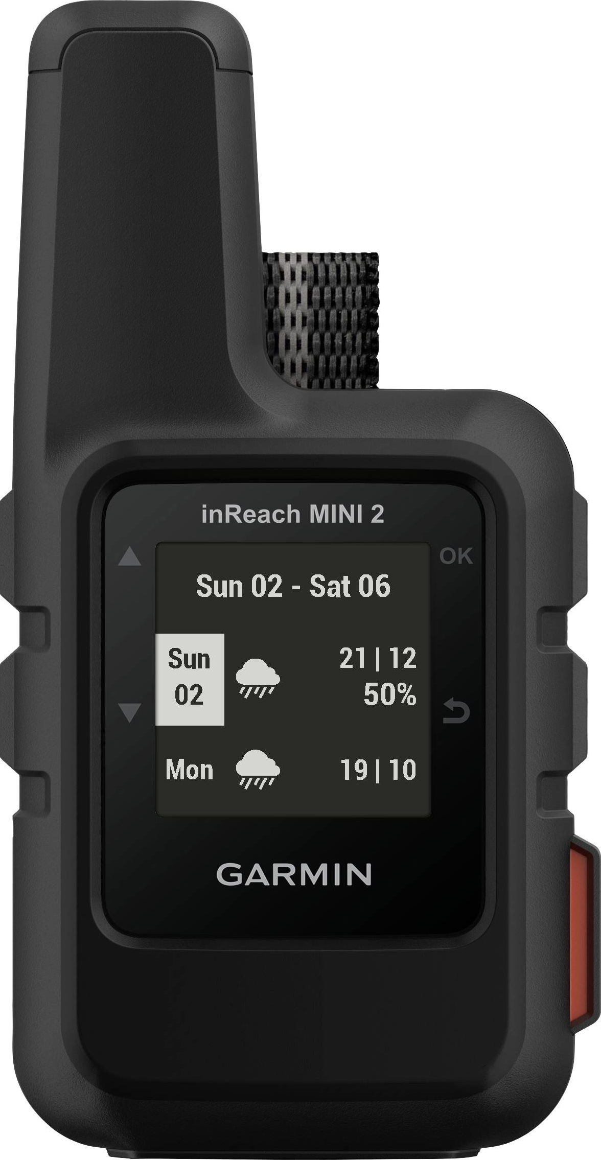 Schwarzes Garmin inReach Mini 2 mit Wettervorhersage. Es hat einen Bildschirm, eine Antenne und eine orangefarbene Taste.