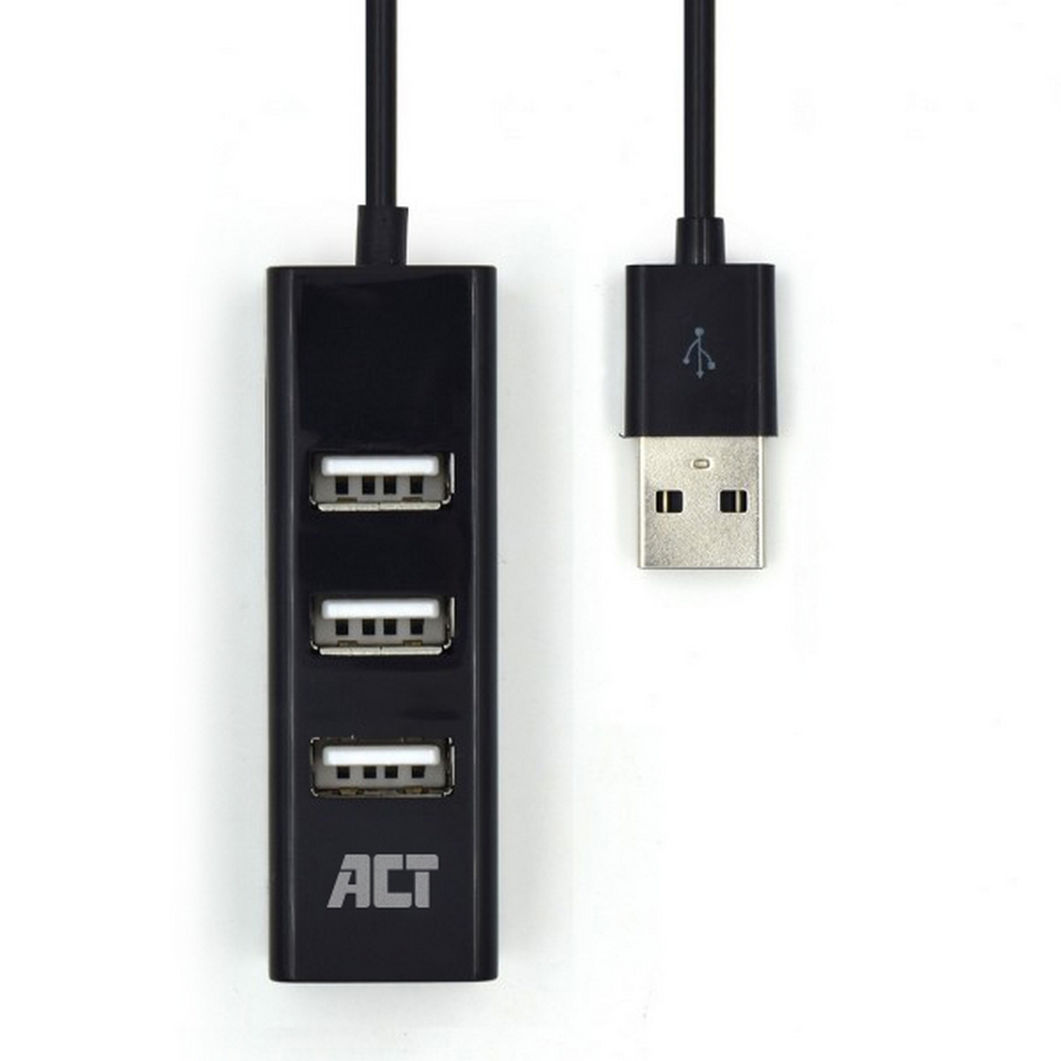 A black USB hub with three USB ports. It has a black cable with a USB connector.