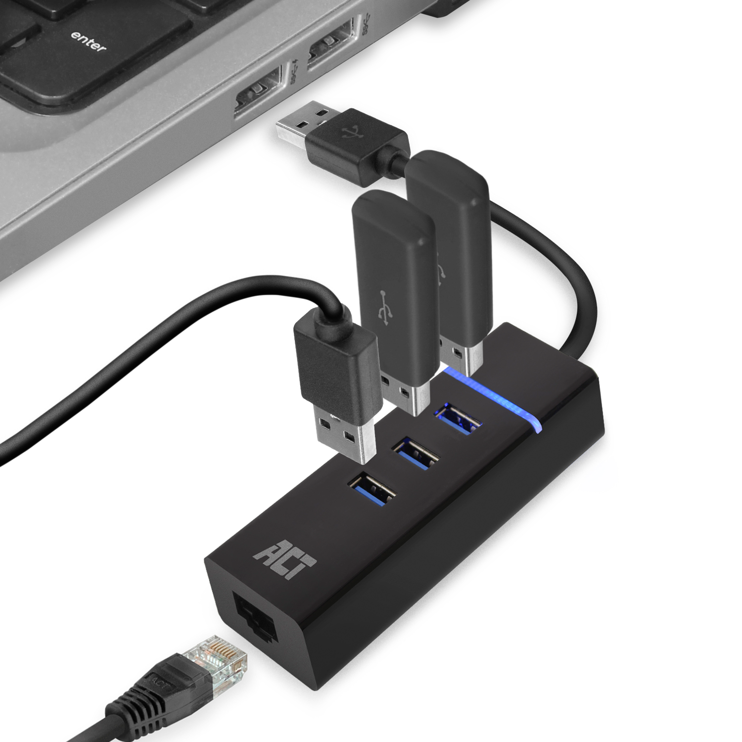 Black USB hub connected to a laptop. It has USB ports, USB sticks, and an Ethernet port.