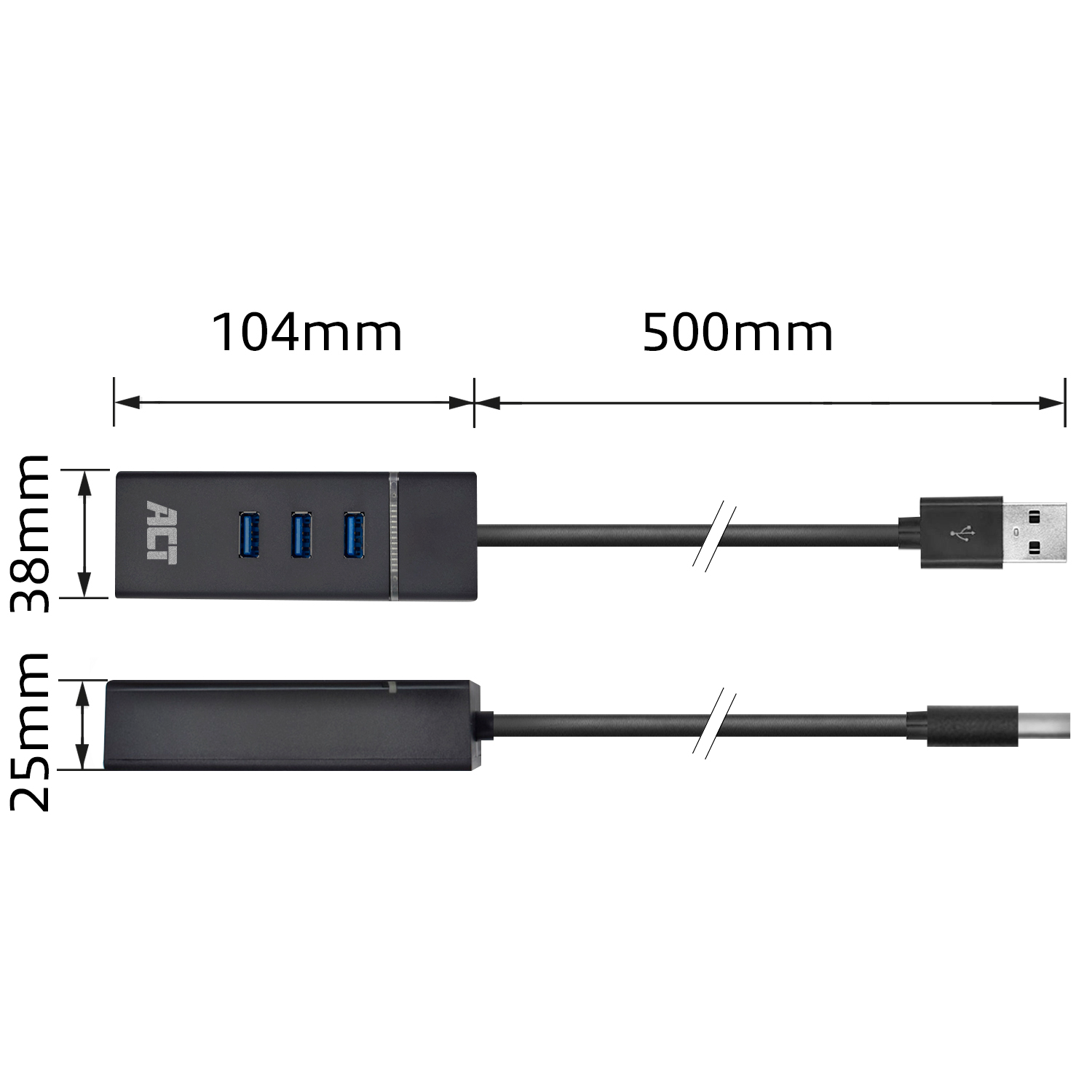 Black USB hub with 3 ports, black cable, and USB and USB-C connectors. Dimensions are displayed.