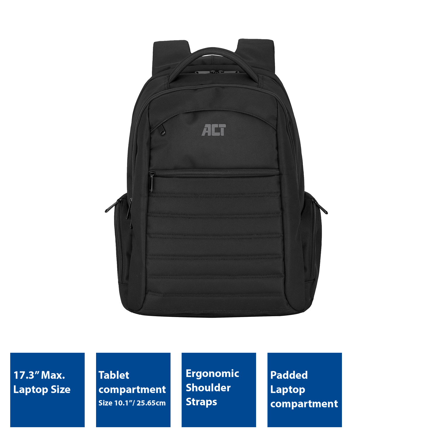 Black ACT backpack with tablet compartment, ergonomic straps, and a padded laptop compartment.