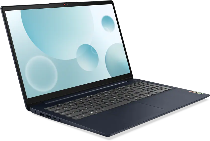 Egy laptop kék külsővel, nyitva egy kék körökkel rendelkező képernyőn.