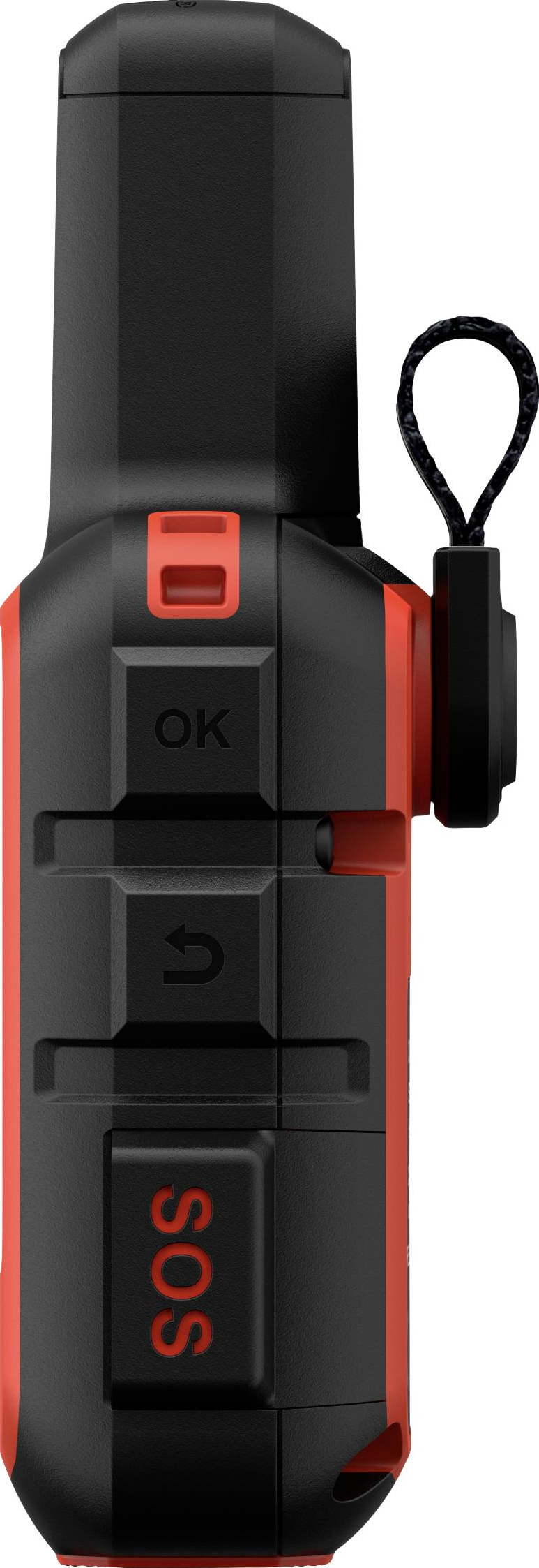 Un appareil portatif rouge et noir avec des boutons étiquetés 'OK' et 'SOS'. Il y a une boucle en haut.
