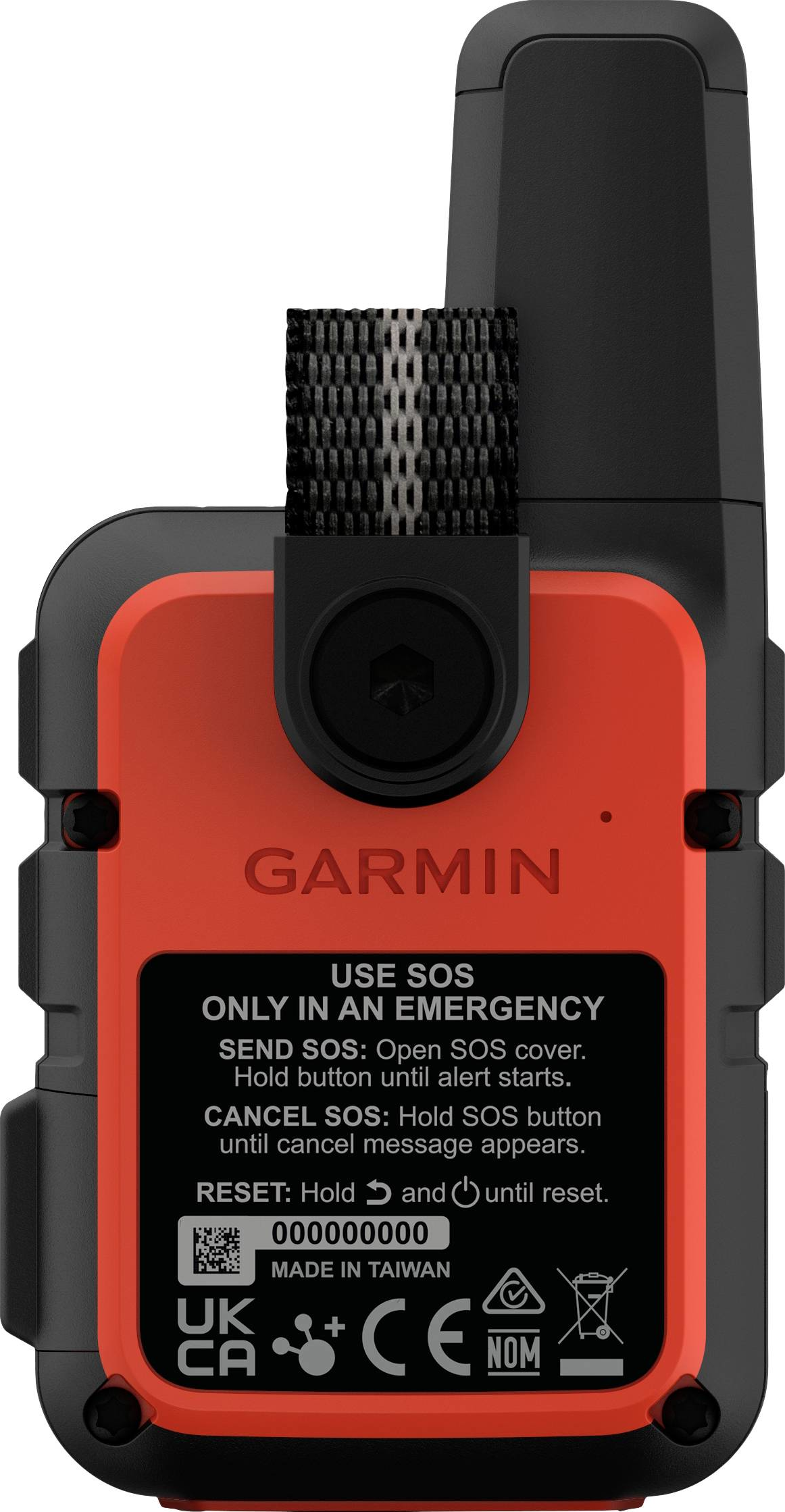 Gros plan sur un appareil Garmin SOS, montrant les instructions et les informations de sécurité.
