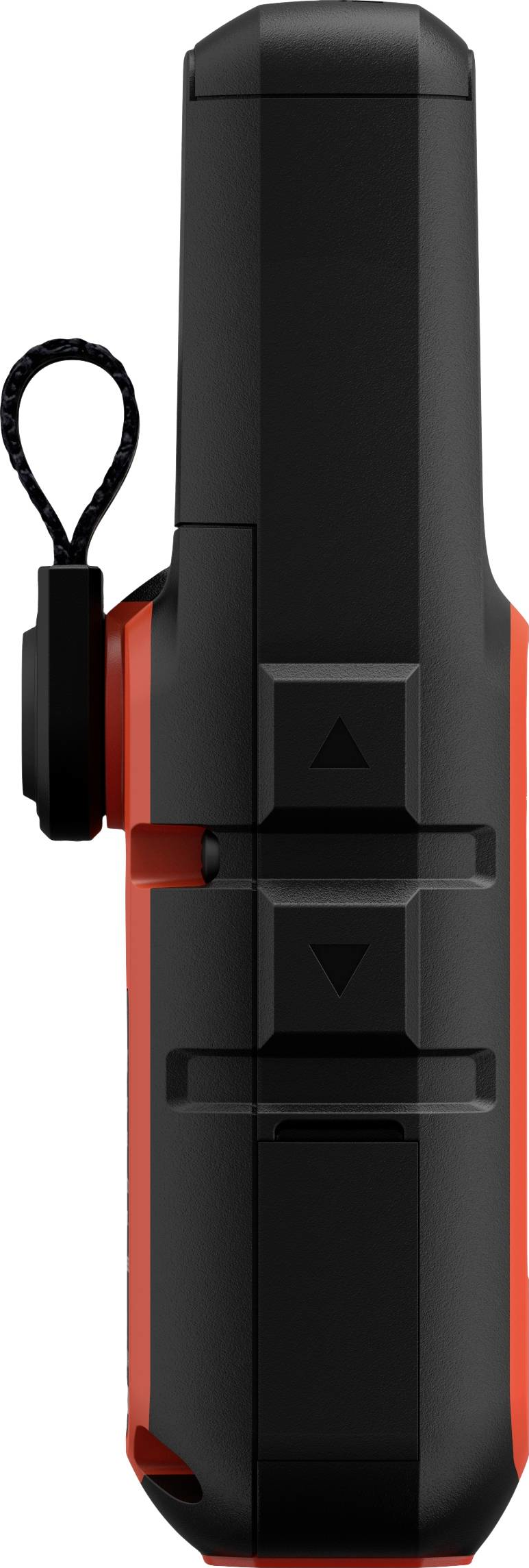 Vue latérale d'un appareil GPS noir et rouge avec boutons et cordon.