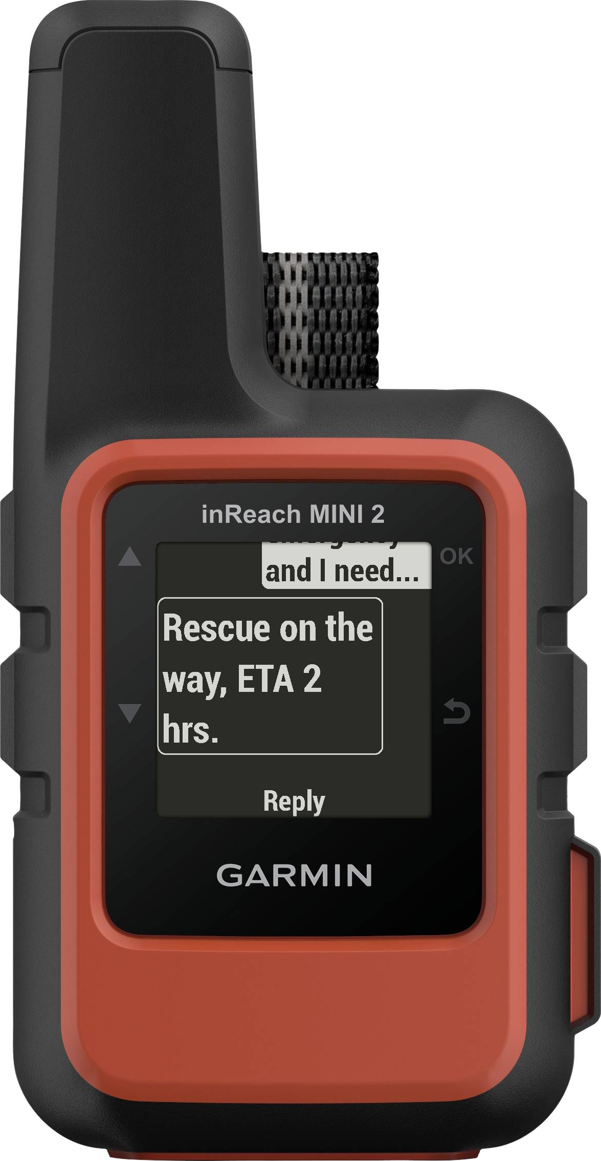 Un appareil Garmin affiche un message texte, indiquant que l'ETA du sauvetage est de 2 heures.