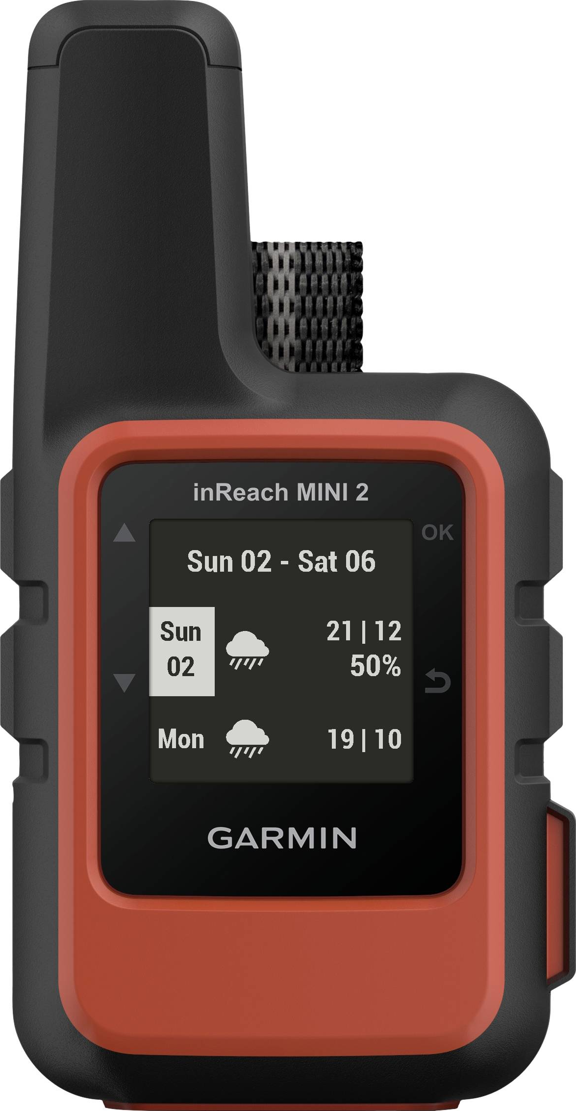 Un appareil Garmin inReach Mini 2 affiche des informations météorologiques sur son écran.