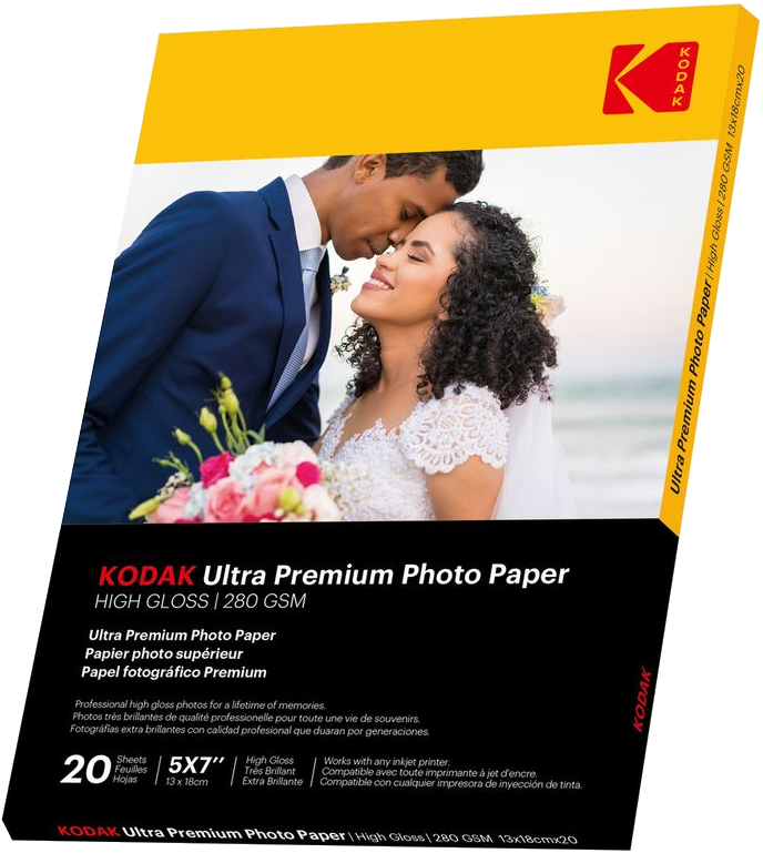 Egy Kodak fotópapír doboz egy esküvői párral. A doboz sárga és fehér.