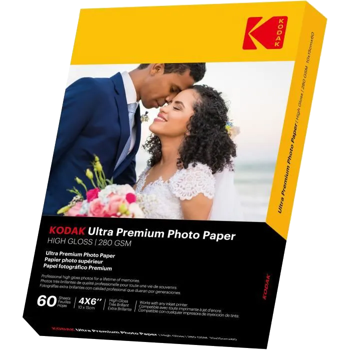 Kodak fotópapír doboz. Egy pár csókolózik, szöveggel. Sárga és fekete csomagolás.