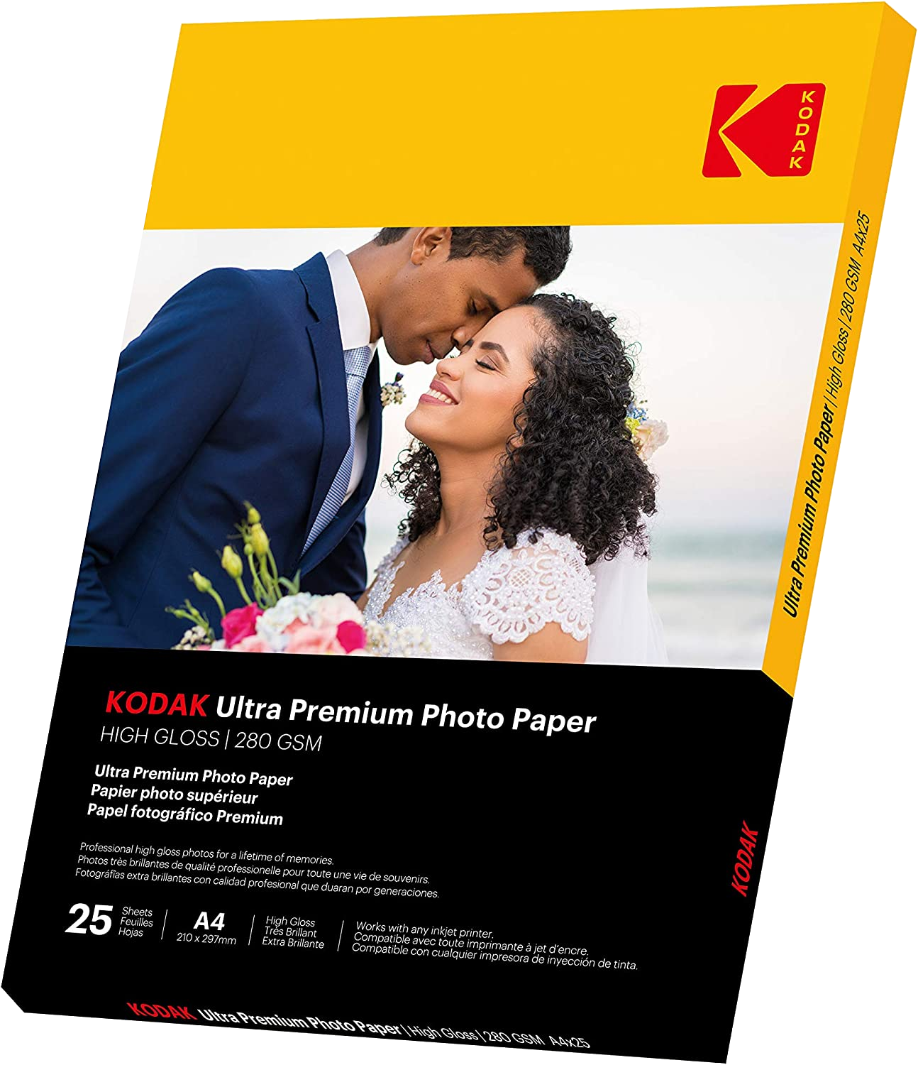 Egy doboz Kodak Ultra Premium fotópapír, rajta egy esküvői fotóval.