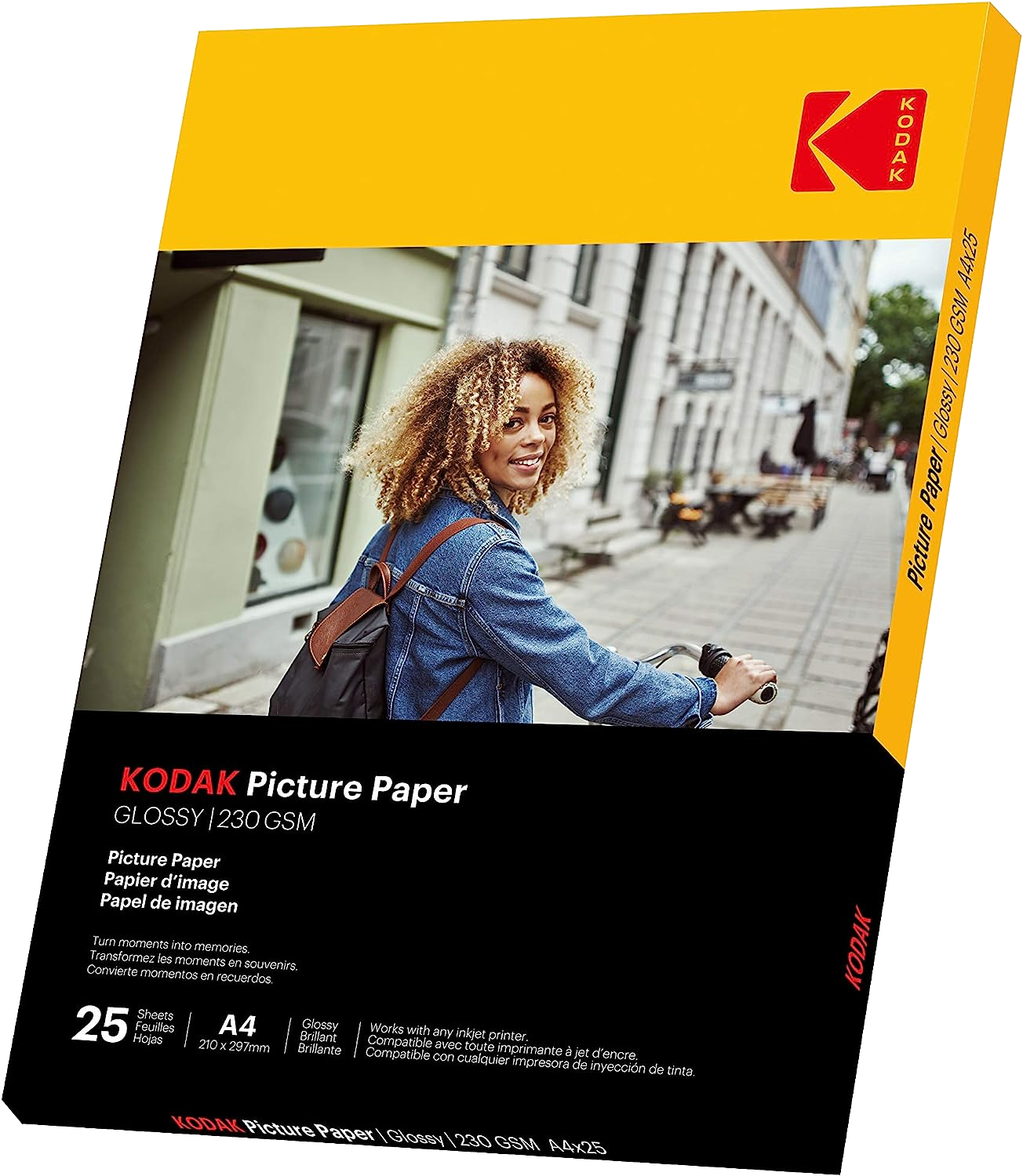 Kodak fotópapír doboz, bicikliző nő képével és termék adatokkal.