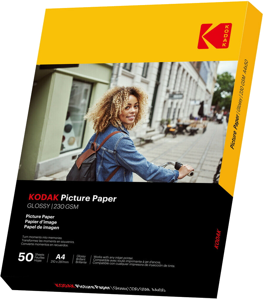 Egy Kodak fotópapír doboz egy bicikliző nővel és a Kodak logóval.