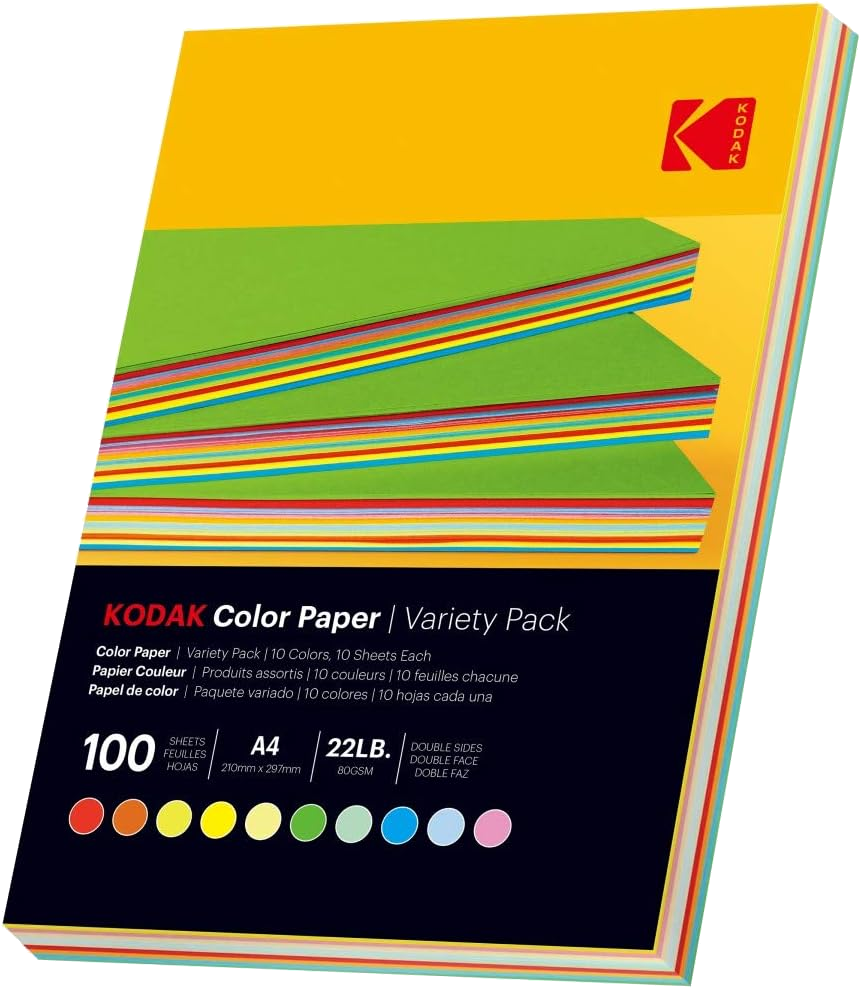 KODAK színes papír otthoni és irodai nyomtatáshoz, 10 kevert szín, 80g, A4, 100 db (KO-9891300)