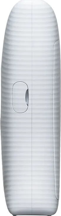 Un dispositivo bianco, oblungo, con forma curva e un solo pulsante.