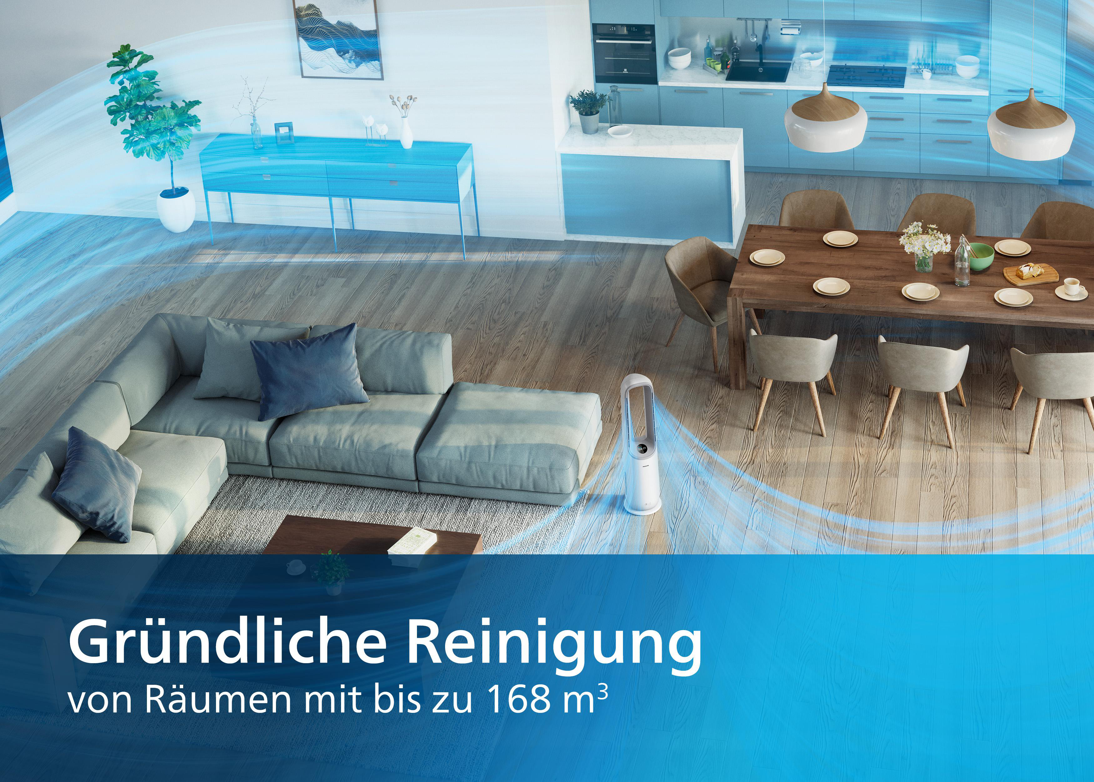 Eine Innenszene mit Text über die Reinigung mit Luftreiniger und modernen Möbeln.