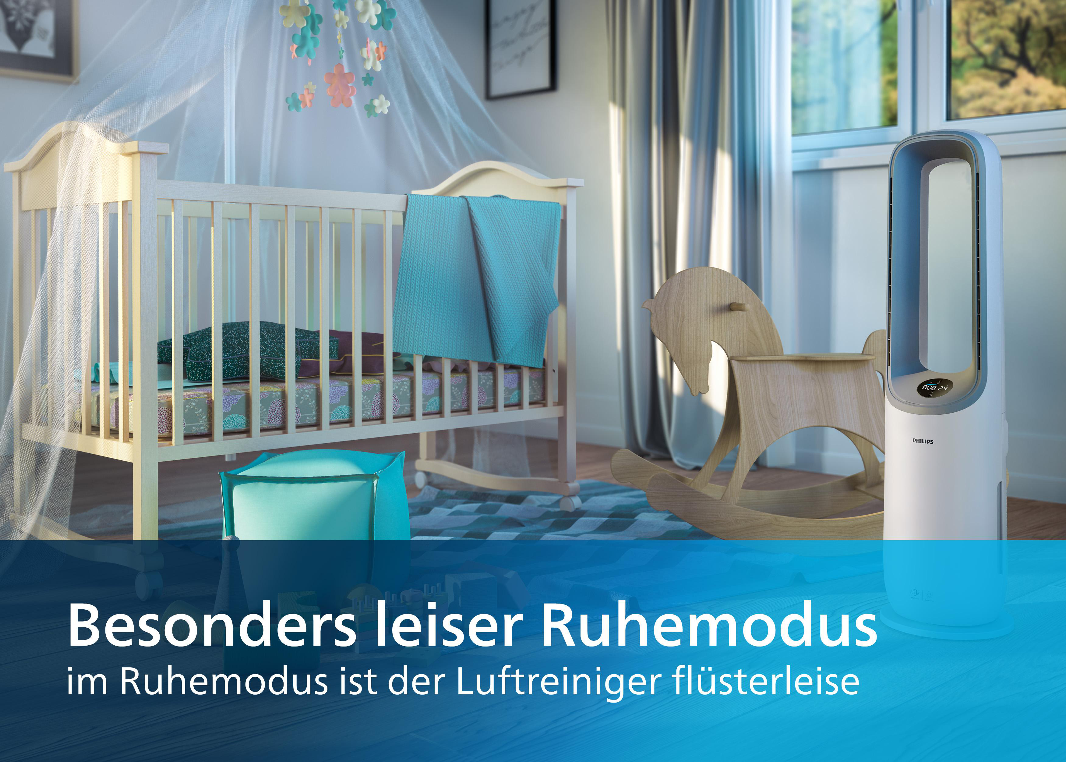 Ein Babyzimmer mit einem Kinderbett, einem Schaukelpferd und einem Luftreiniger. Der Text lautet "Besonders leiser Ruhemodus".