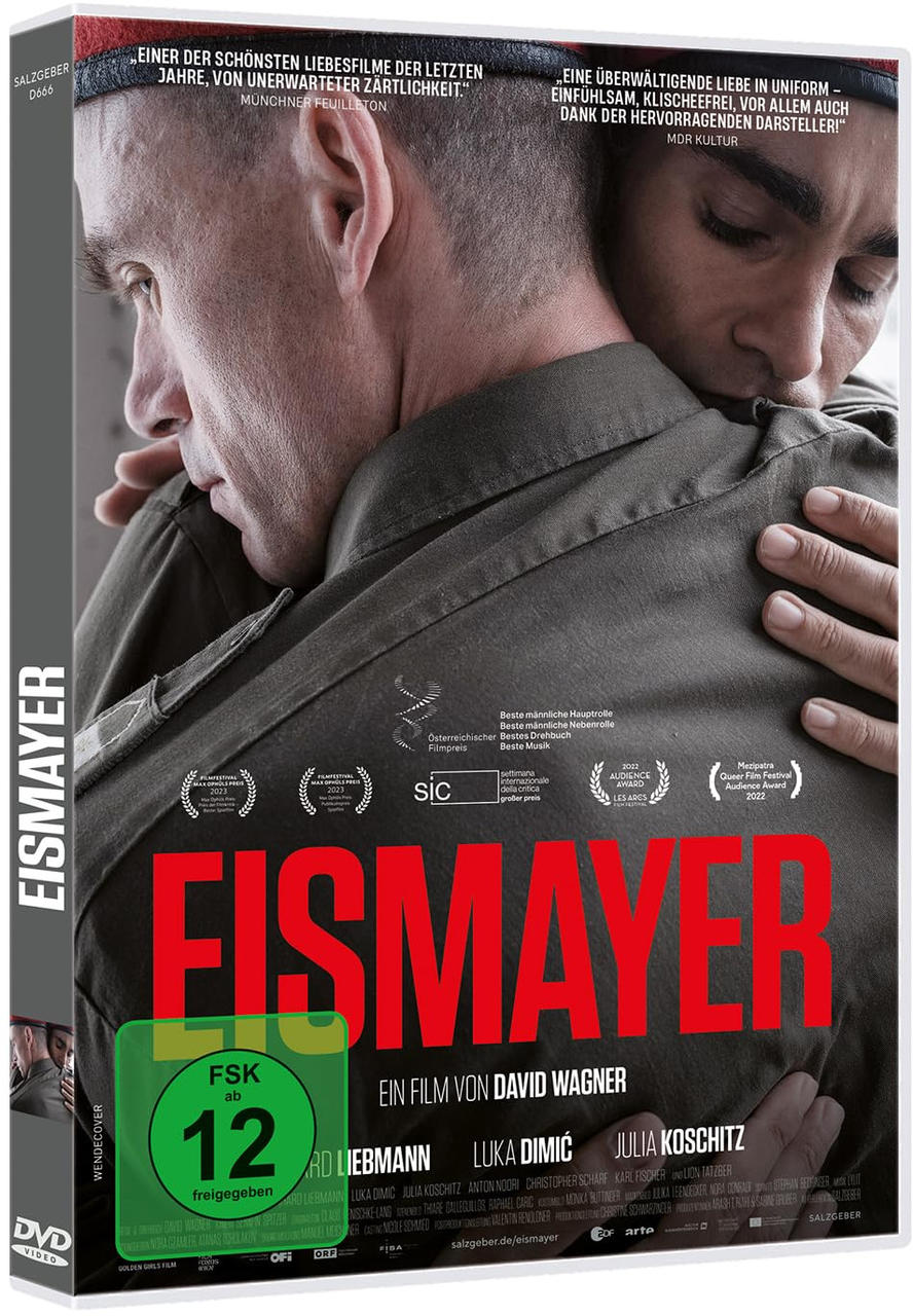 DVD-Hülle des Films Eisymayer, mit zwei Männern, die sich umarmen, und Filmdetails.
