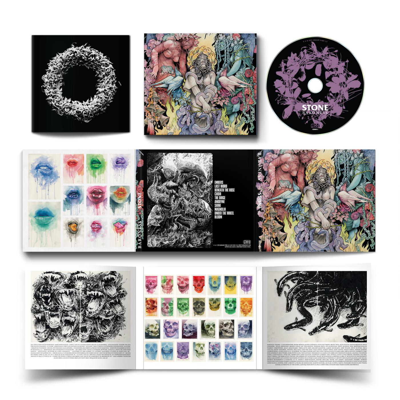 Albumcover mit mehreren Bildern, einschließlich einer CD und verschiedenen Illustrationen.