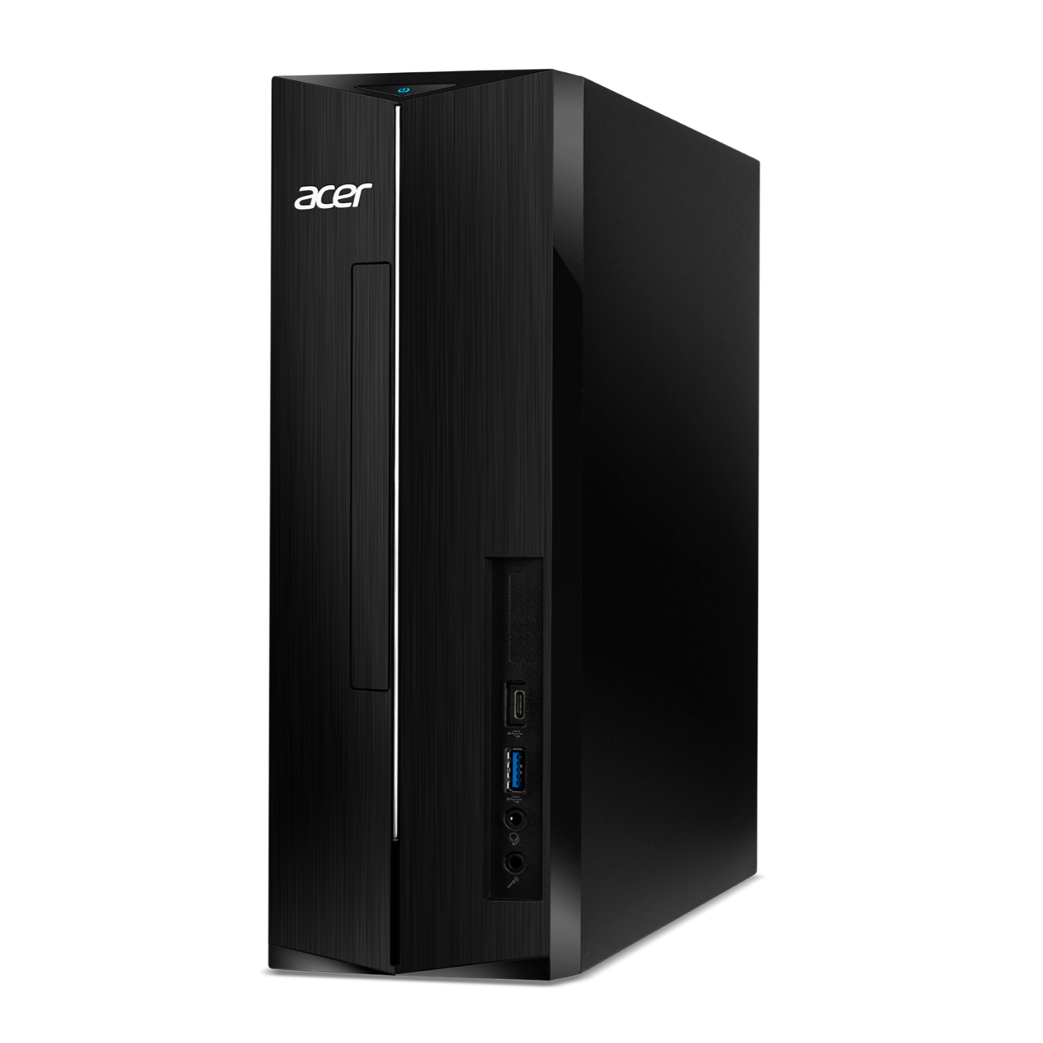 Zwarte Acer desktopcomputer met een strak ontwerp en zichtbare poorten.