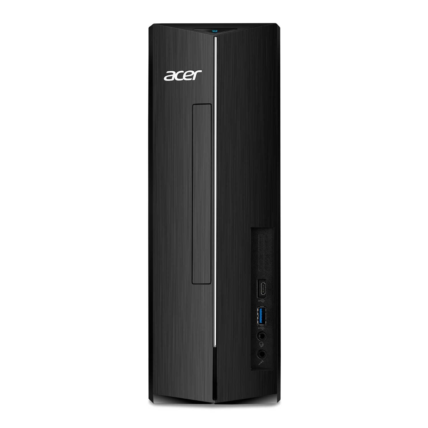 Zwarte Acer desktopcomputer. Verticaal ontwerp met Acer-logo. Poorten en aan/uit-knop zichtbaar. Zwarte achtergrond.