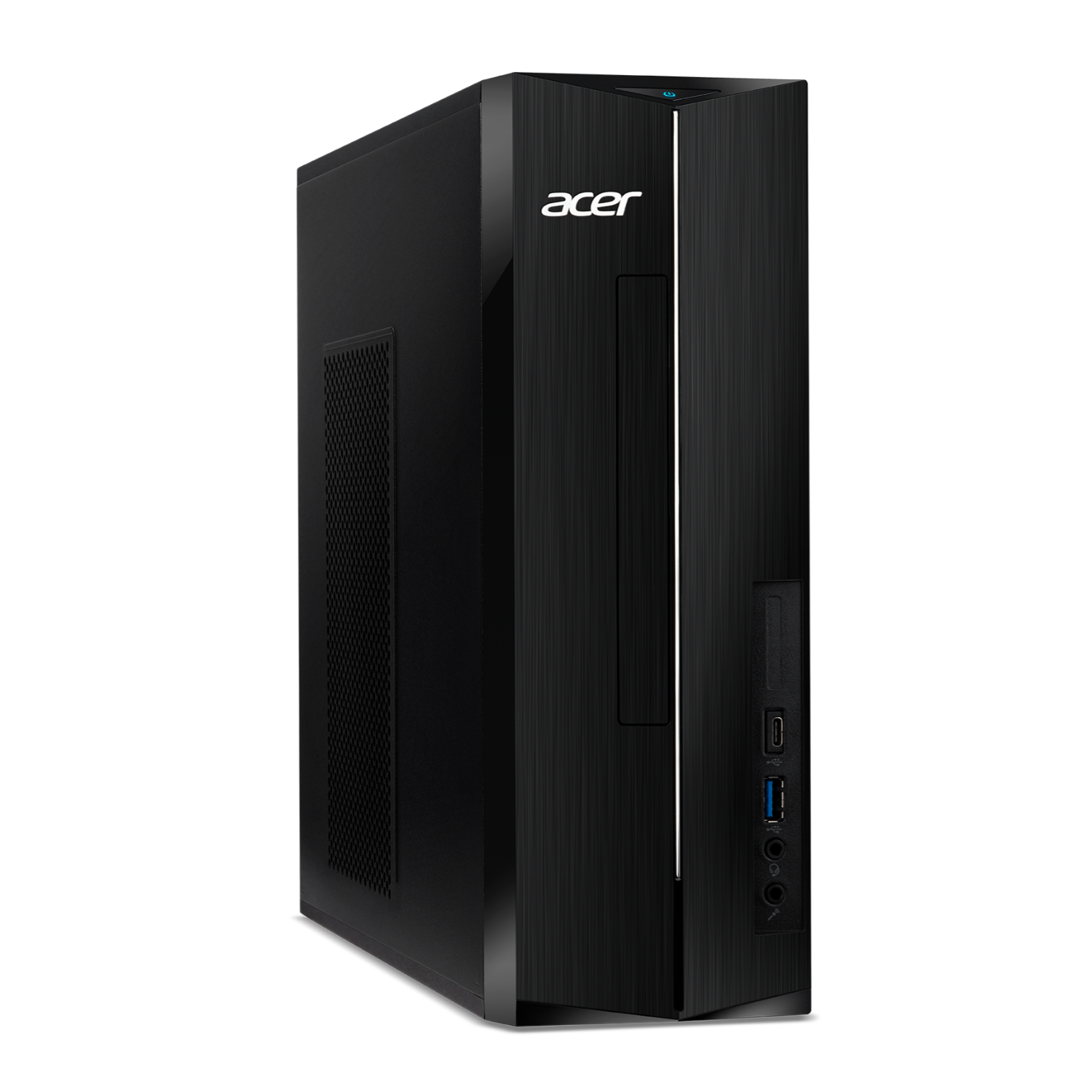 Zwarte Acer desktopcomputer met strak design, tegen een zwarte achtergrond.