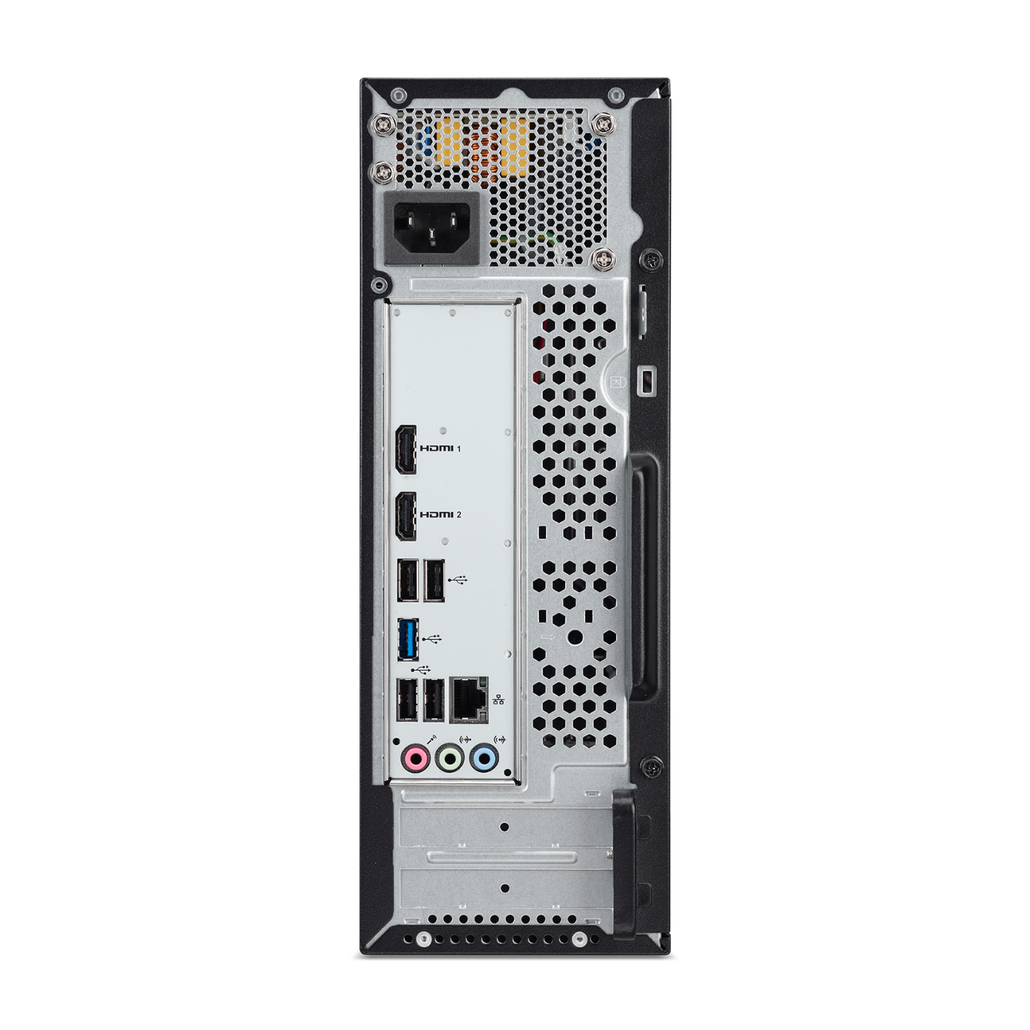 Achterkant van een zwarte computer. Verschillende poorten zichtbaar, waaronder HDMI, USB en audio jacks.