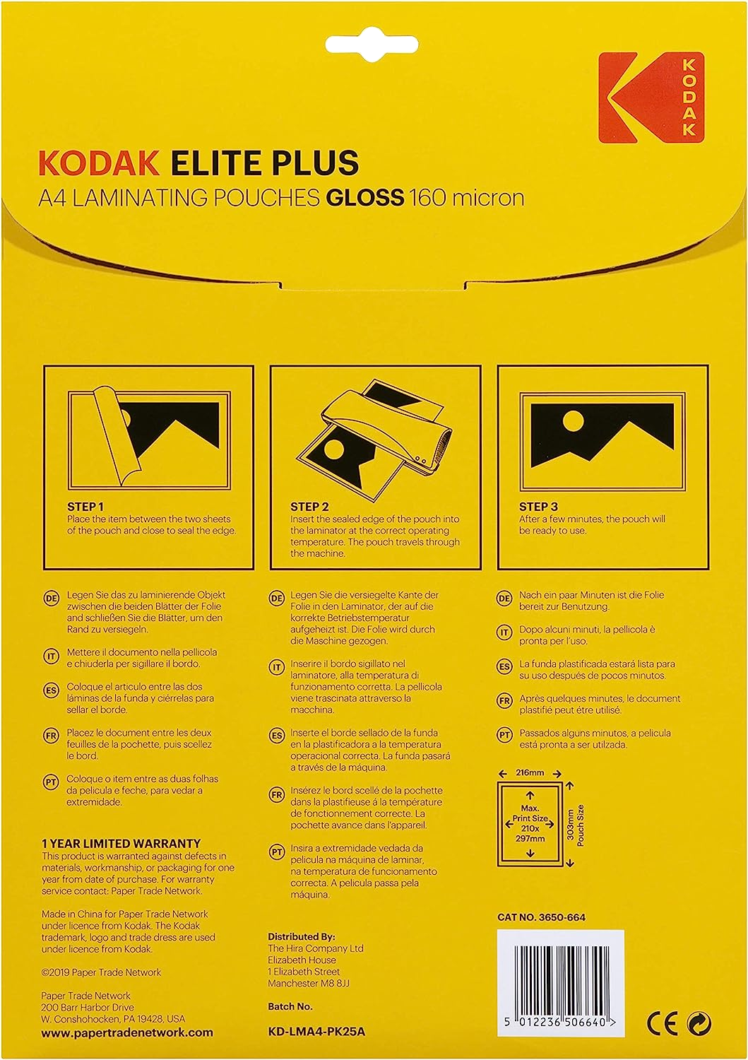 Kodak A4 lamináló tasak hátlapja. Utasítások, diagramok és szöveg fehér háttéren.