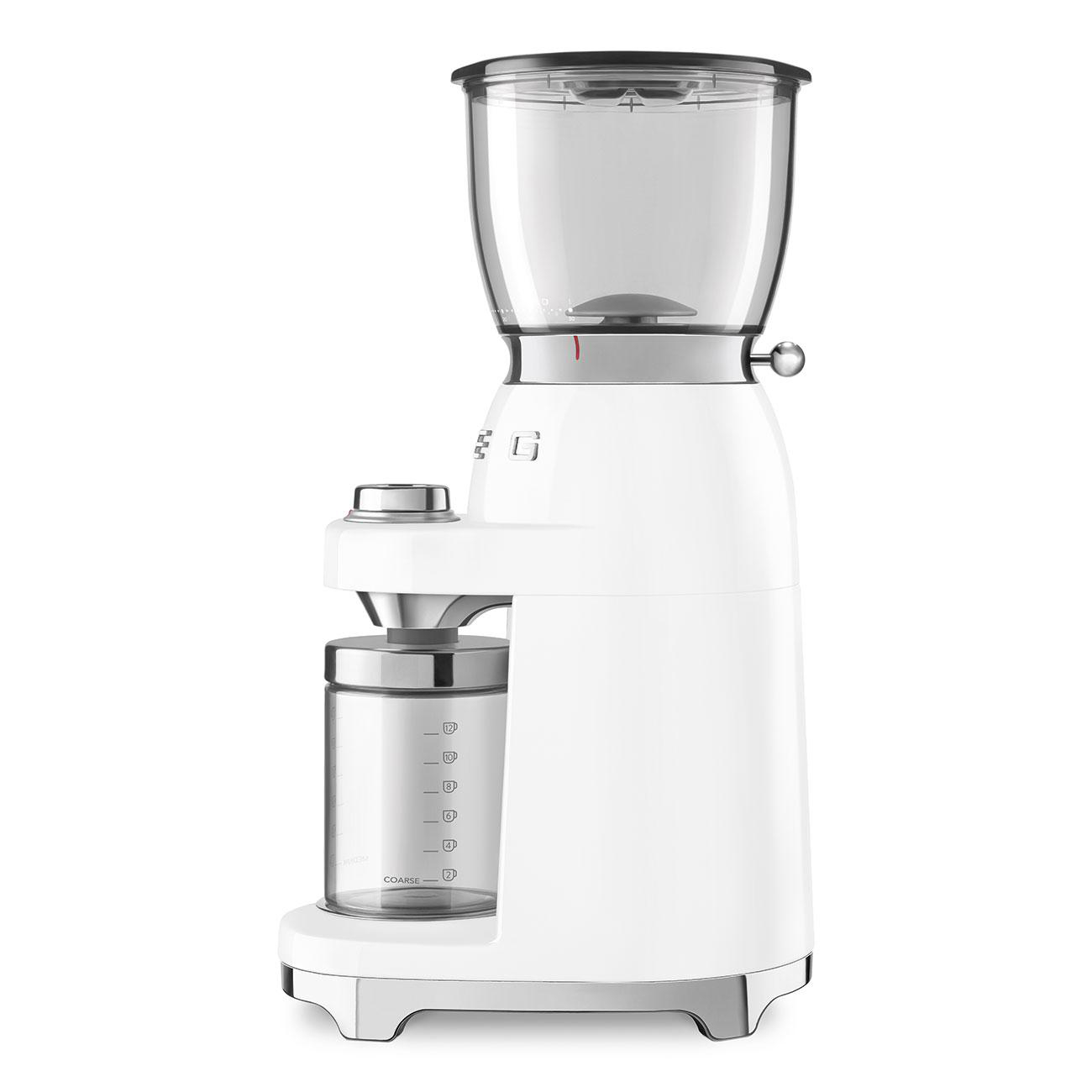 Weiße Kaffeemühle mit Glasbehälter und schwarzem Deckel, Seitenansicht.