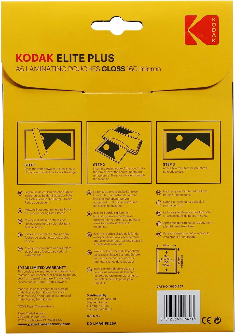 Csomagolás Kodak Elite Plus A6 lamináló tasakokhoz.