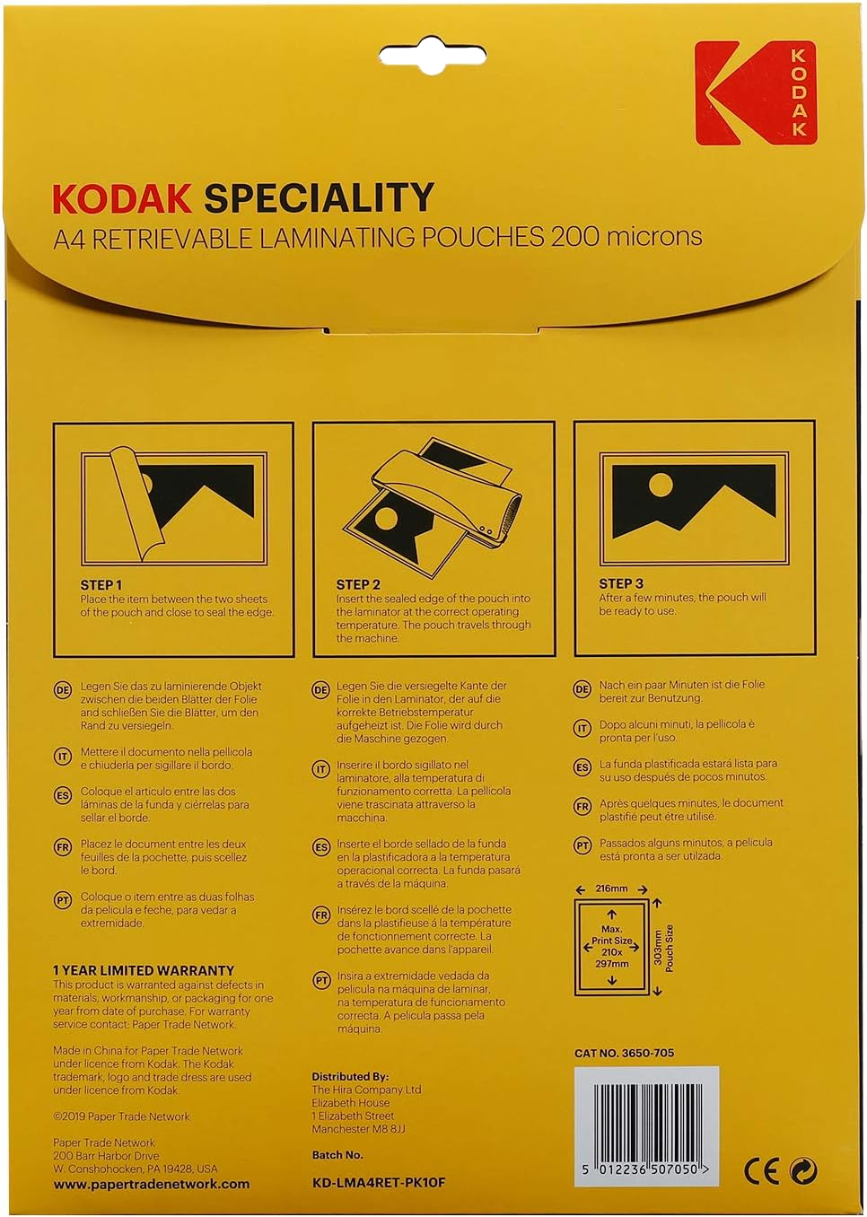 A Kodak A4-es tasak csomagolásának hátulja, utasításokkal és garanciális részletekkel.