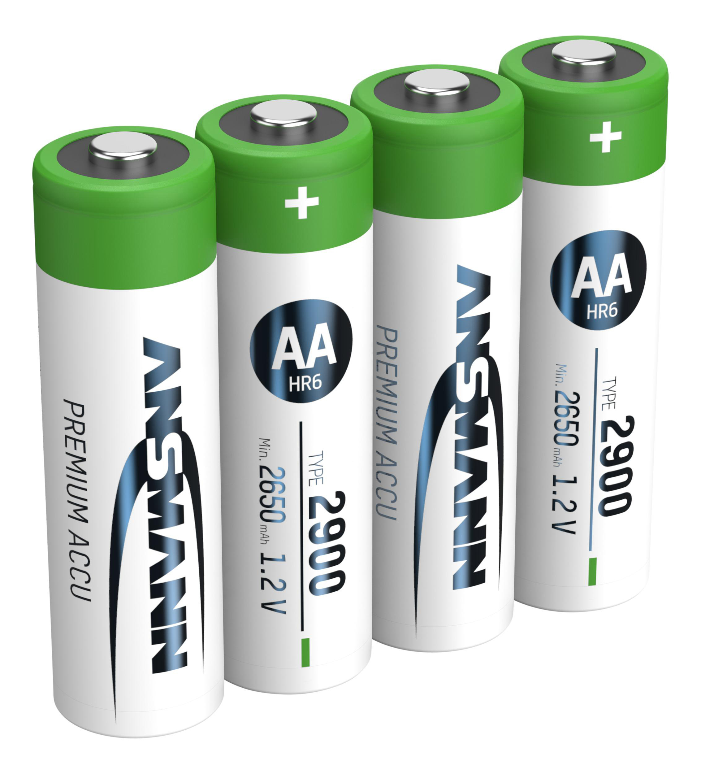 Vier AA-Batterien. Sie sind weiß mit grünen Oberteilen, mit dem Ansmann-Logo und dem Wort Premium.