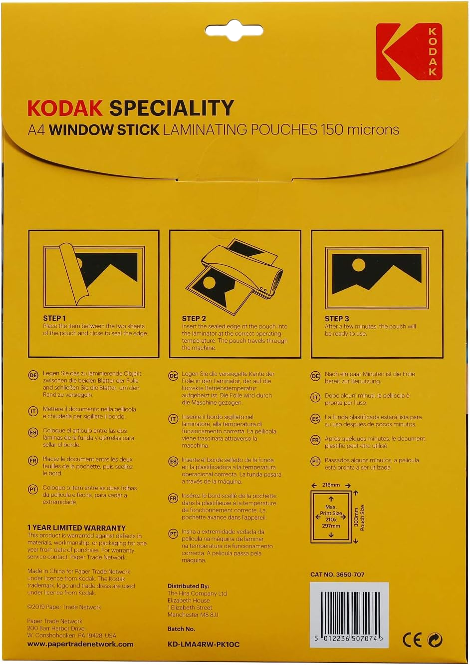 Kodak A4 ablakos lamináló tasakok csomagolása, utasításokkal.