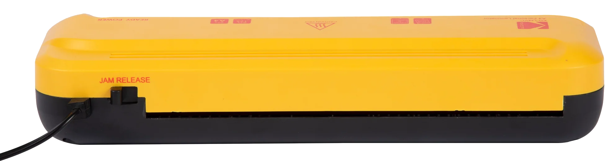 Egy sárga Kodak laminálógép. A 'Jam Release' szöveg látható. A készülék alja fekete.