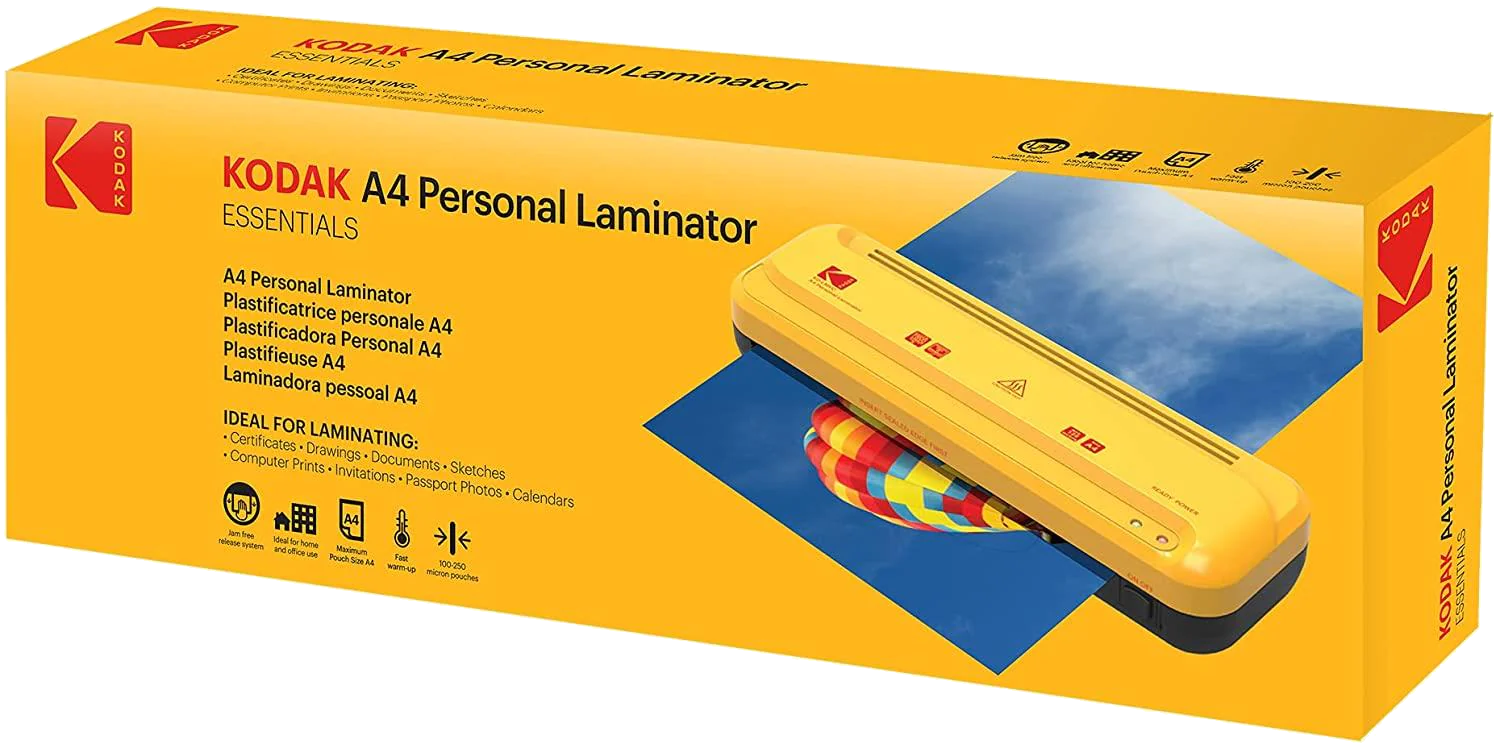 Sárga Kodak A4 személyi laminálógép doboz, benne egy laminálógéppel és szöveggel a dobozon.