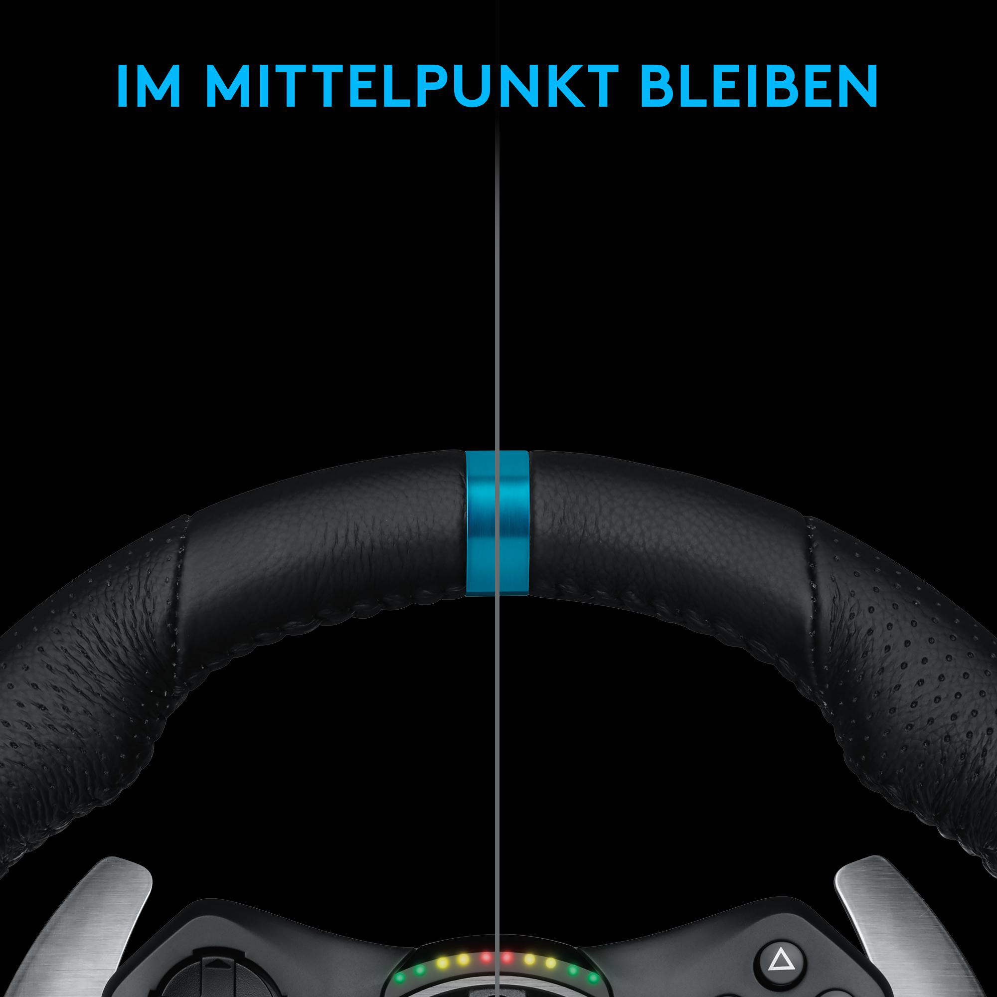 Lenkrad mit blauem Mittelstreifen und schwarzem Hintergrund.
