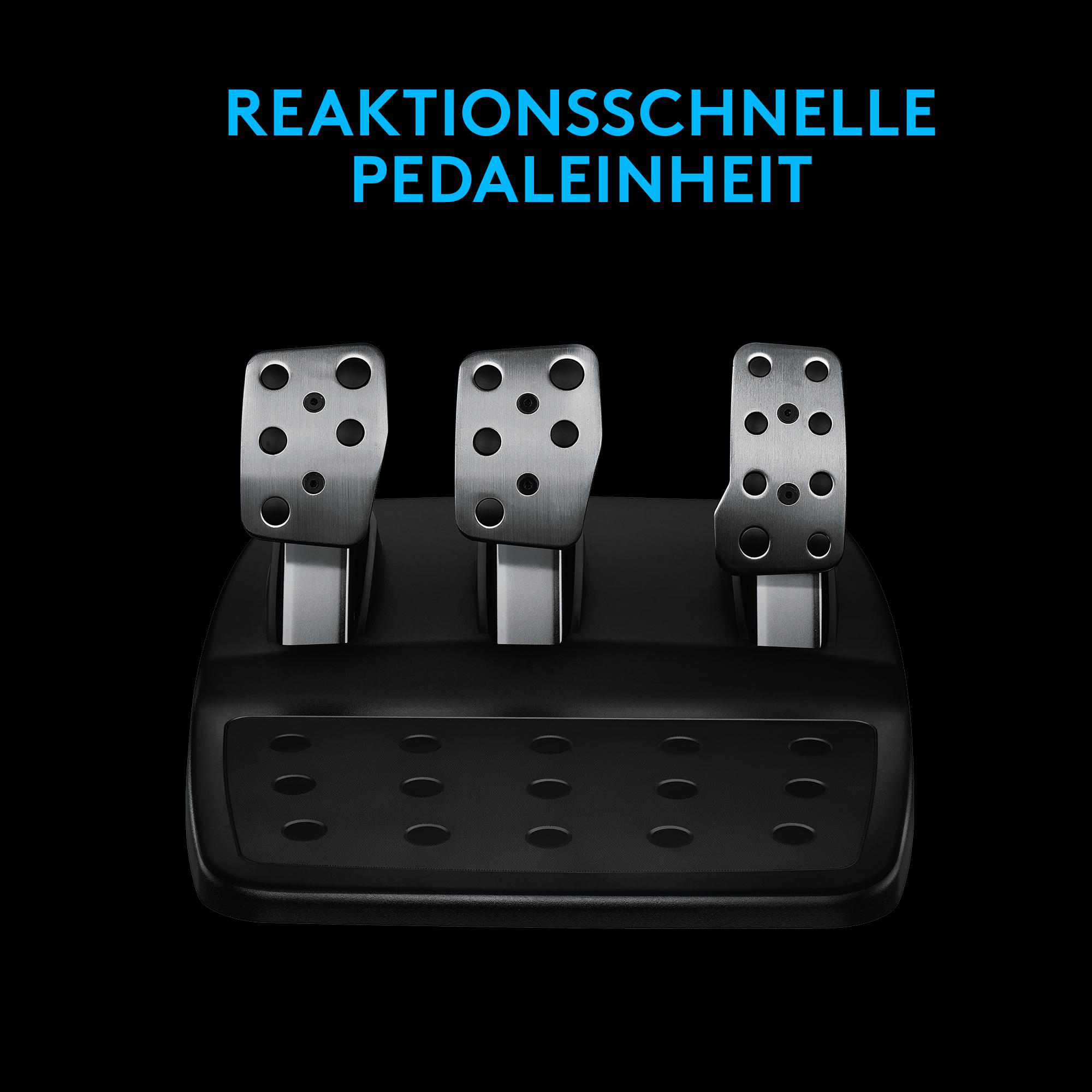 Eine schwarze Pedaleinheit mit drei Pedalen für einen Rennsimulator.