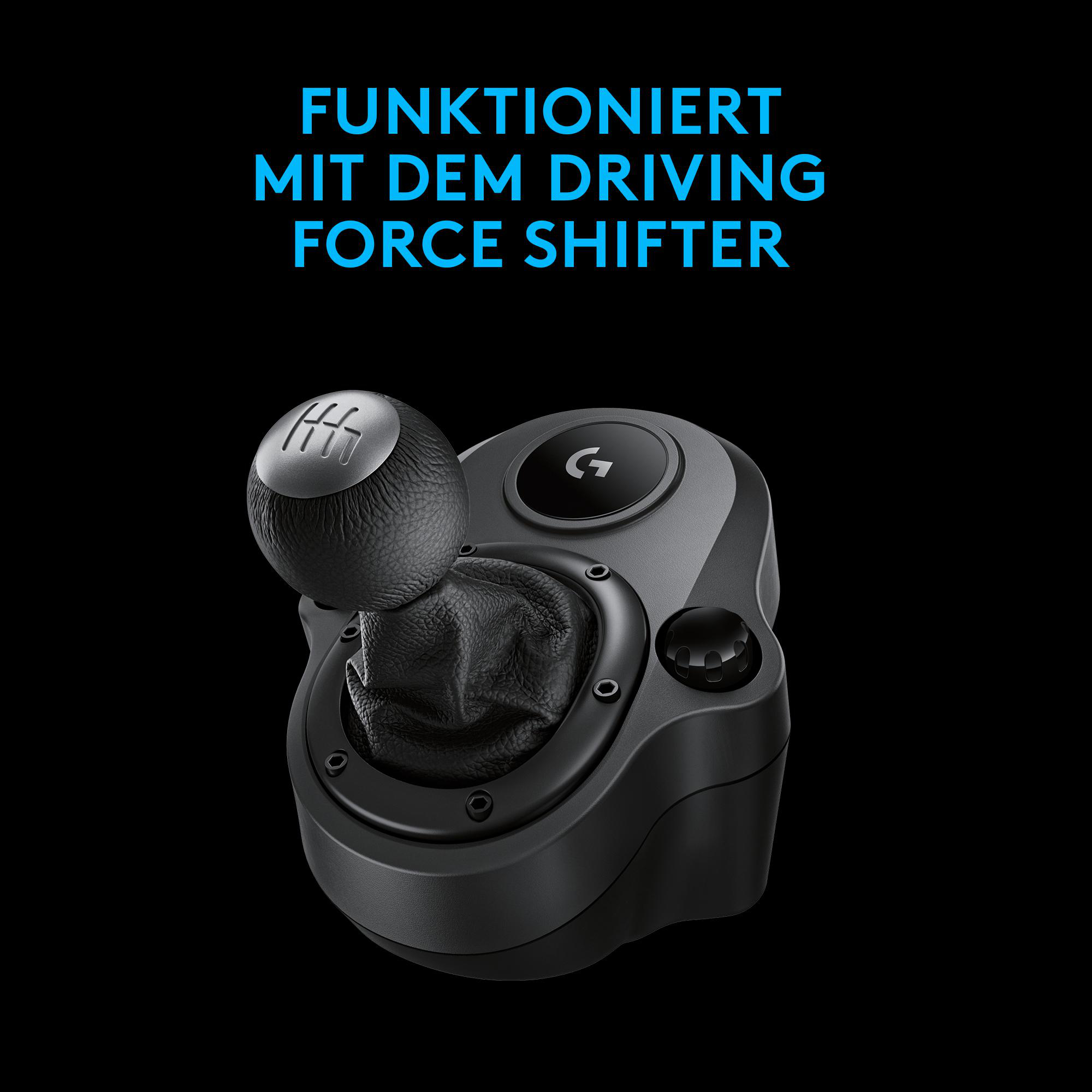 Schwarzer Gangschalter mit Text: Funktioniert mit Driving Force Shifter. Schwarzer Hintergrund.