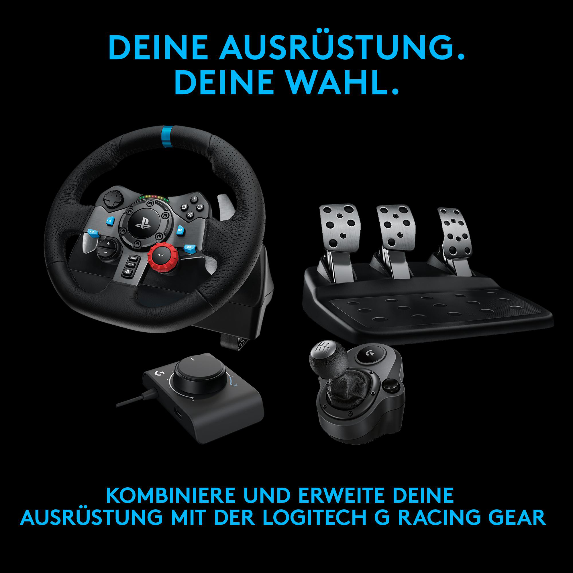 Ein Gaming-Setup mit Lenkrad, Pedalen, Schalthebel und einem Bedienfeld.
