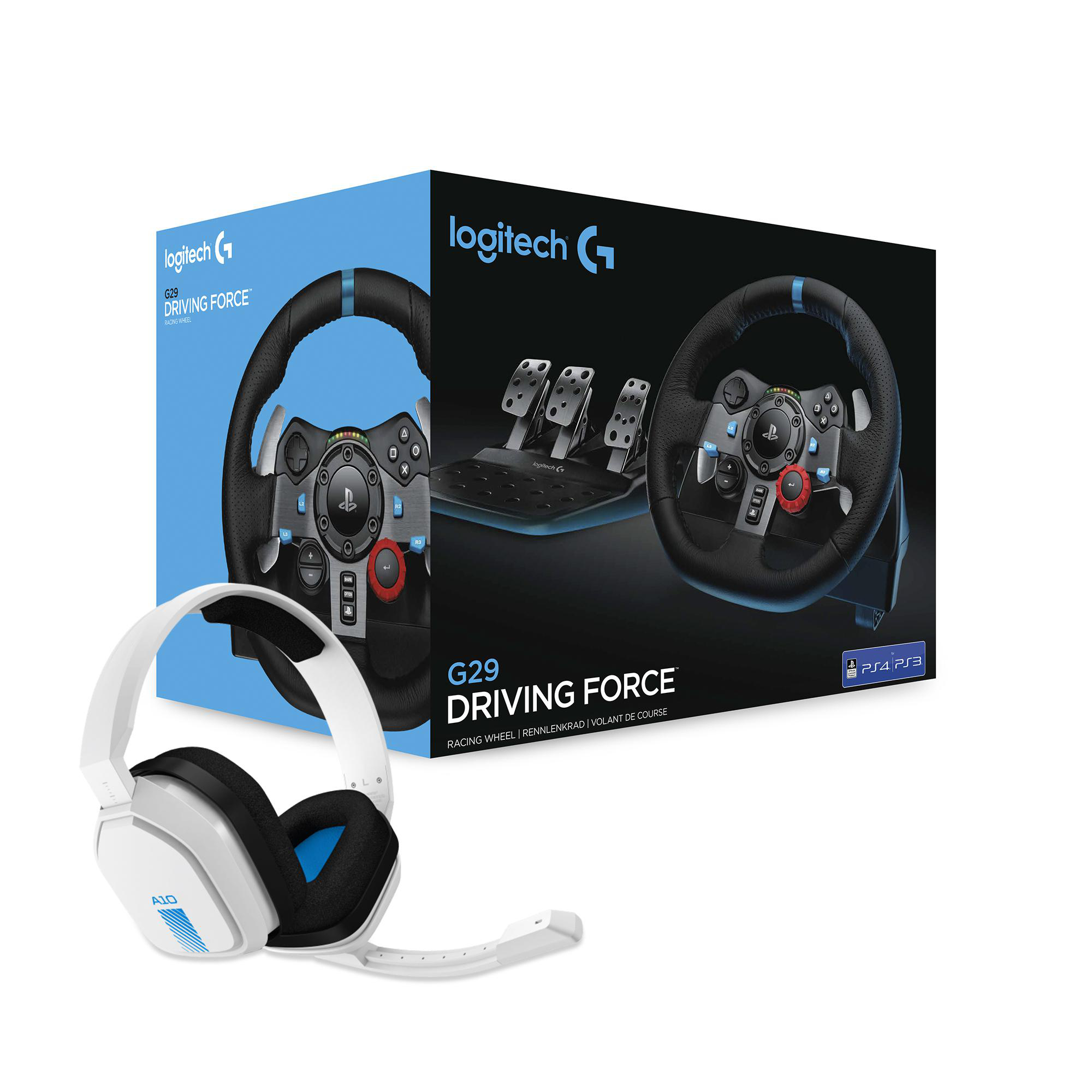 Logitech G29 Driving Force Rennlenkrad-Set mit Headset auf weißem Hintergrund.