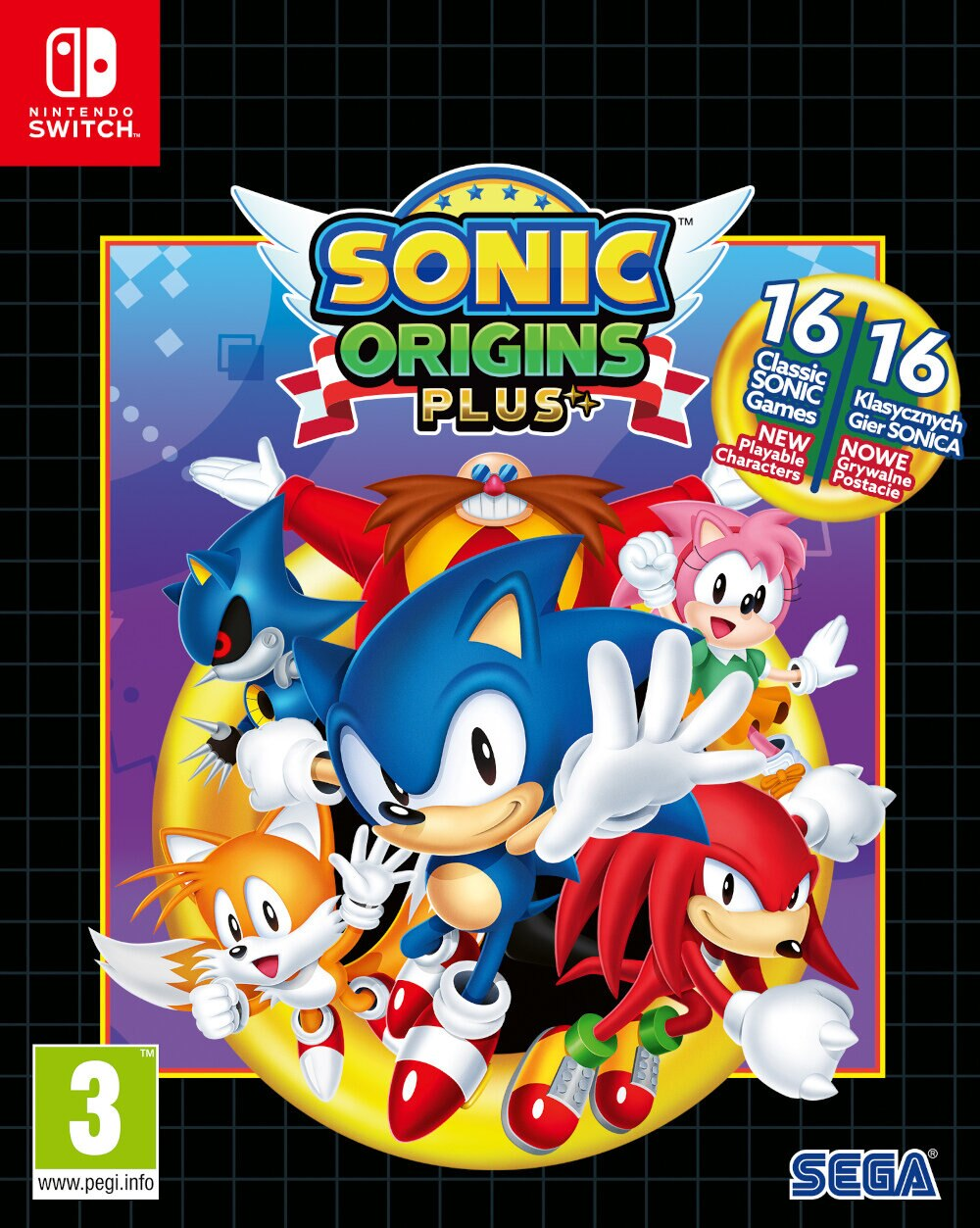 Pudełko z grą Sonic Origins Plus z Soniciem i przyjaciółmi oraz logo Nintendo Switch.