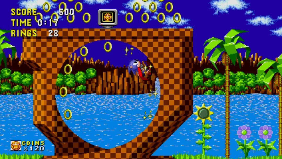 Sonic the Hedgehog w klasycznej scenie gry, biegnący przez pętlę.