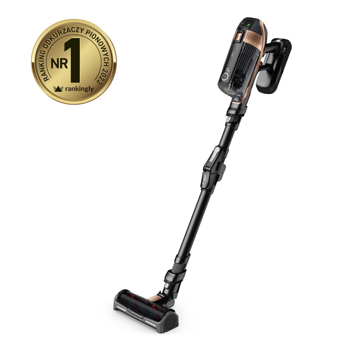 Czarny i brązowy bezprzewodowy odkurzacz z odłączanym uchwytem.