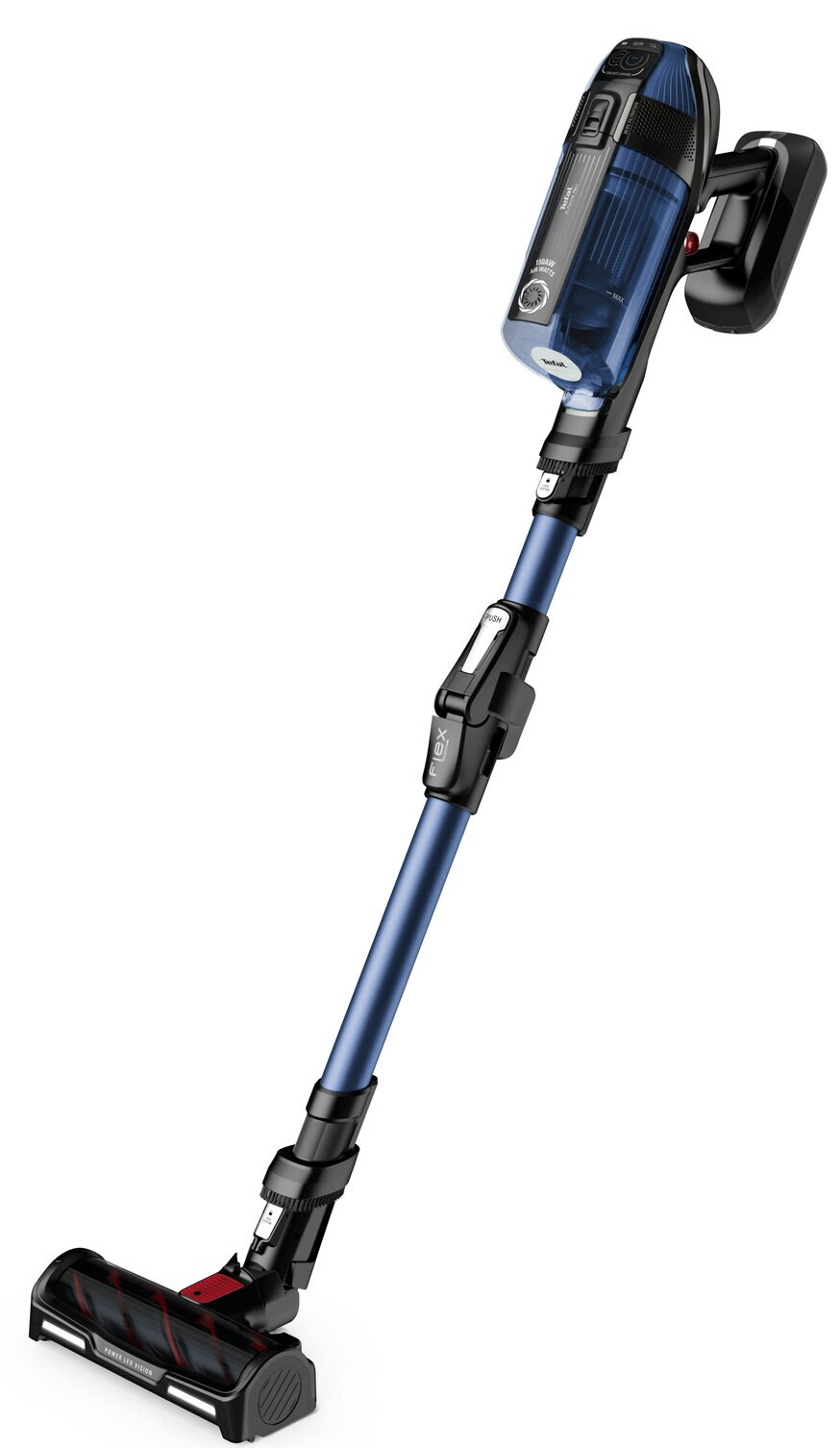 Niebiesko-czarny odkurzacz bezprzewodowy z długim uchwytem i odłączaną głowicą.