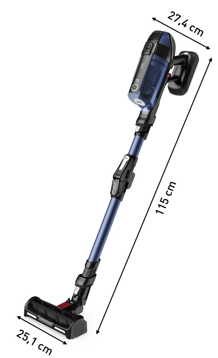 Odkurzacz bezprzewodowy z podanymi wymiarami, na białym tle.