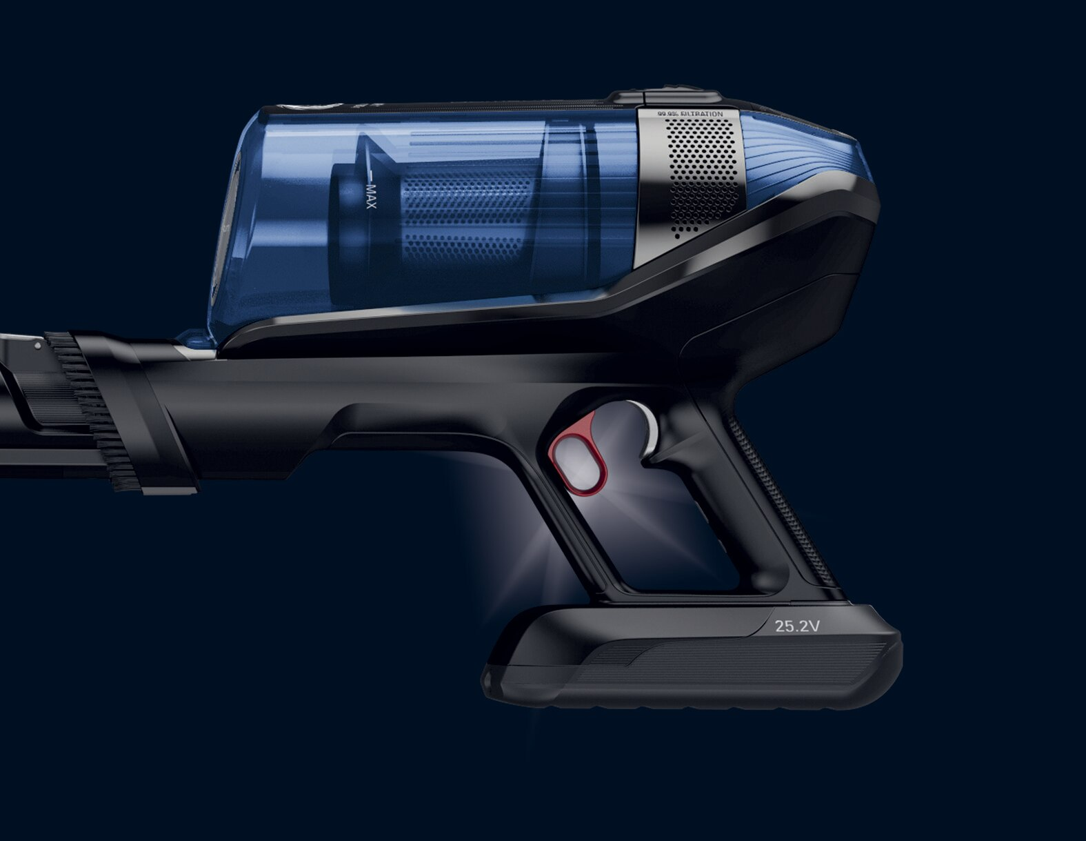 Czarno-niebieski odkurzacz bezprzewodowy z czerwonym przyciskiem zasilania.