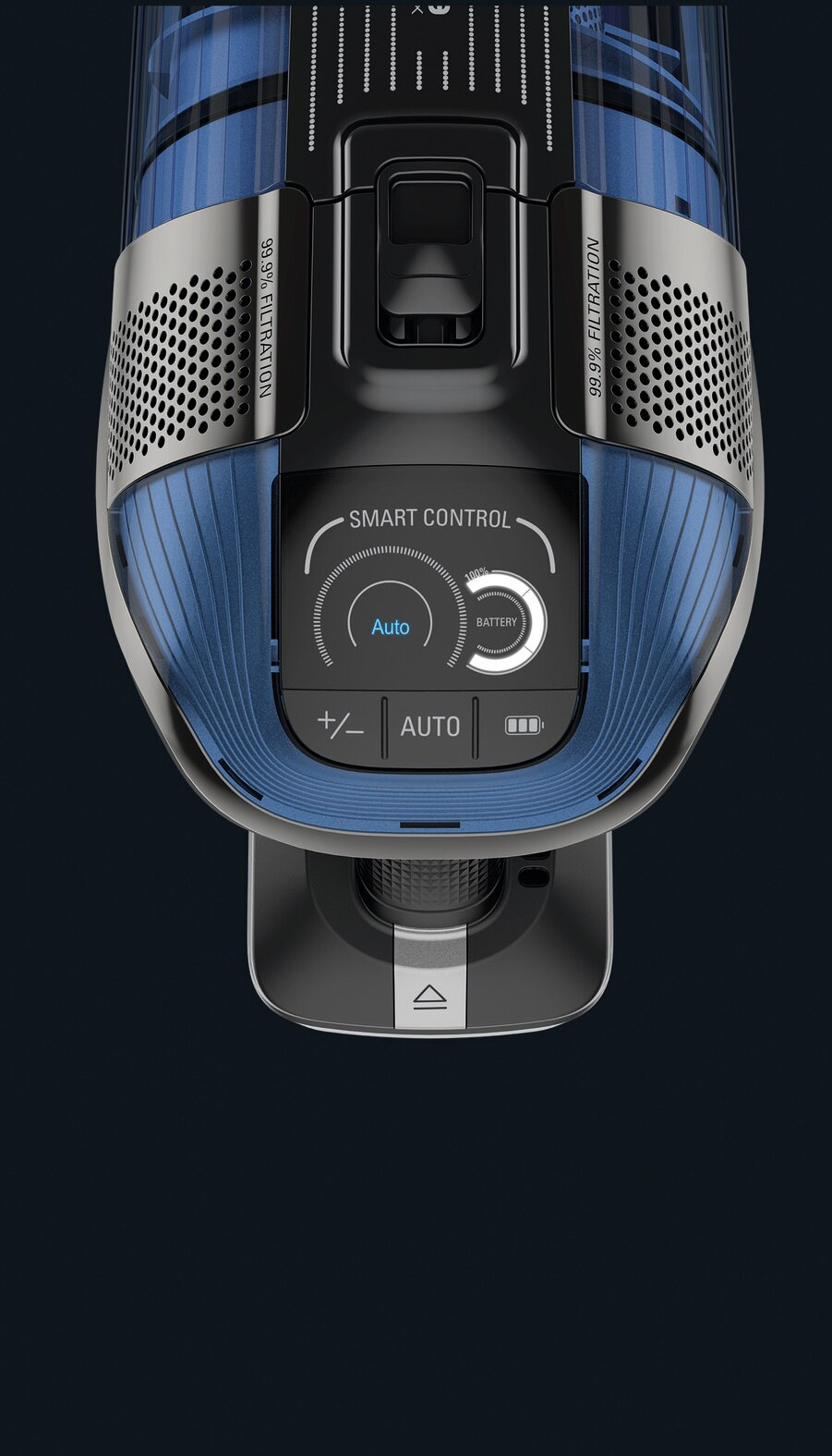 Odkurzacz. Czarny i niebieski z ekranem z napisem 'Auto' i 'Bateria'.