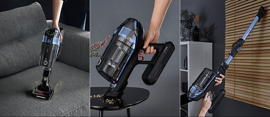 Zbliżenie małego, ciemnoszarego urządzenia elektronicznego z wejściem zasilania i lampką kontrolną.