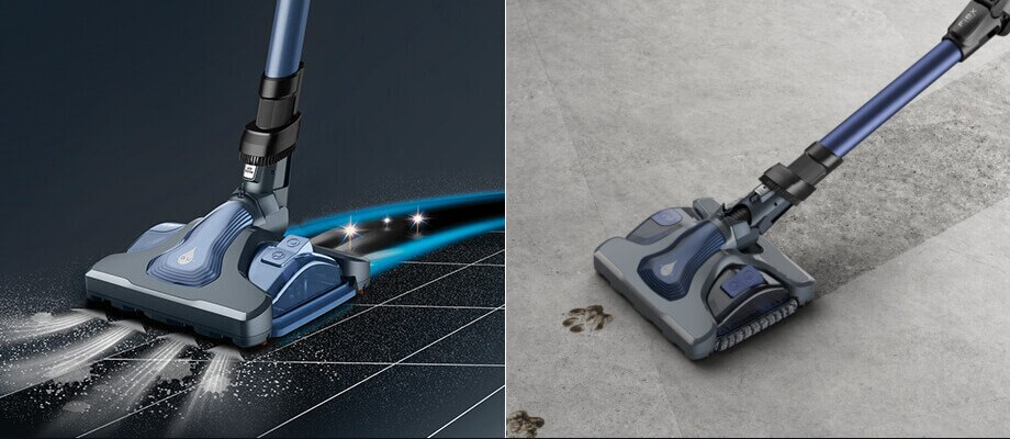 Dwa zdjęcia głowicy odkurzacza, pokazujące działanie czyszczące na różnych powierzchniach, płytkach i dywanie.