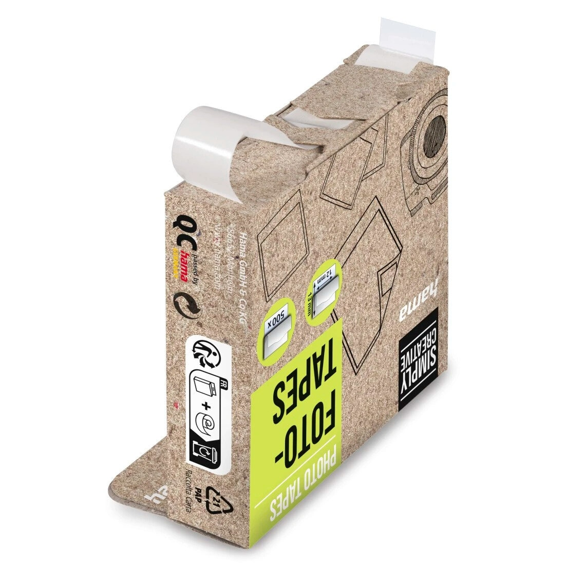 Pudełko na taśmy fotograficzne, zielone i białe, otwarte. Tekst po niemiecku. Białe tło. Zawiera taśmy fotograficzne, ikonę aparatu.